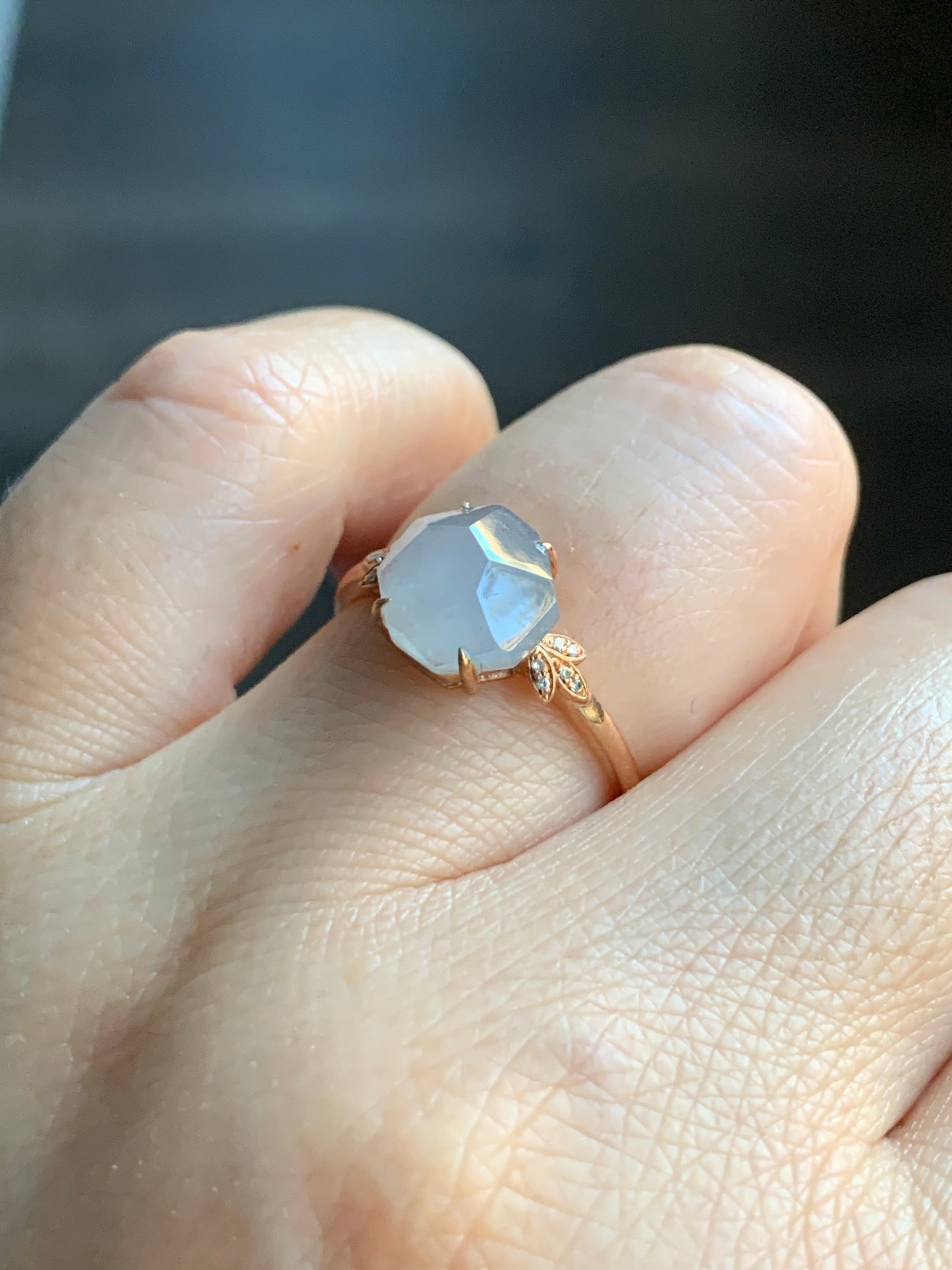 Certified Grade A Natural Icy Translucent Light Purple Jadeite Faceted Cabochon Ring 18K Rose Gold Diamonds Size 7 US 2.26g 天然冰紫翡翠切割面镶嵌钻石戒指