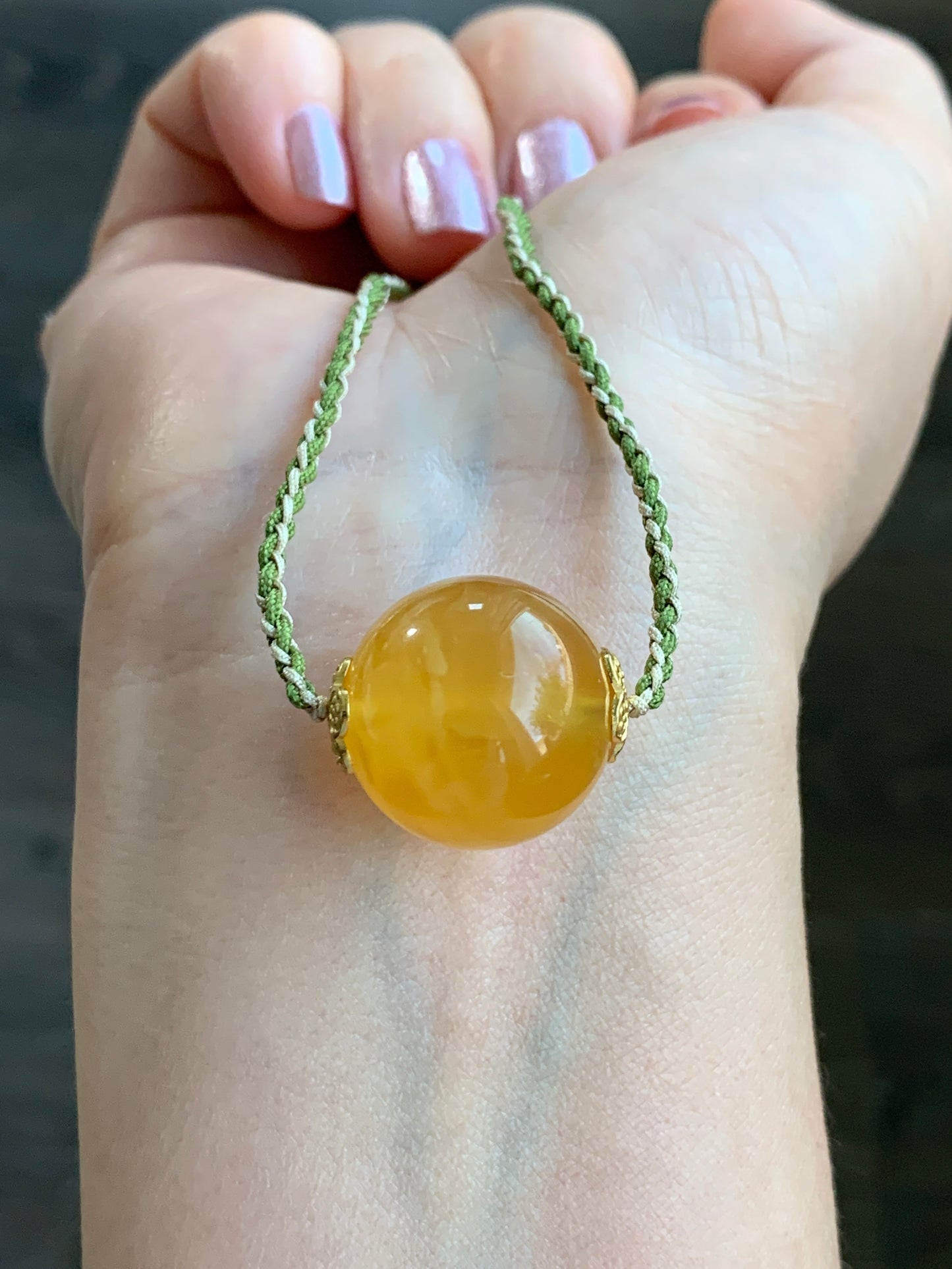 Natural Honeybee Wax Amber Large Sphere Rope Necklace w/ Amber Charms Sterling Silver 17” Adjustable