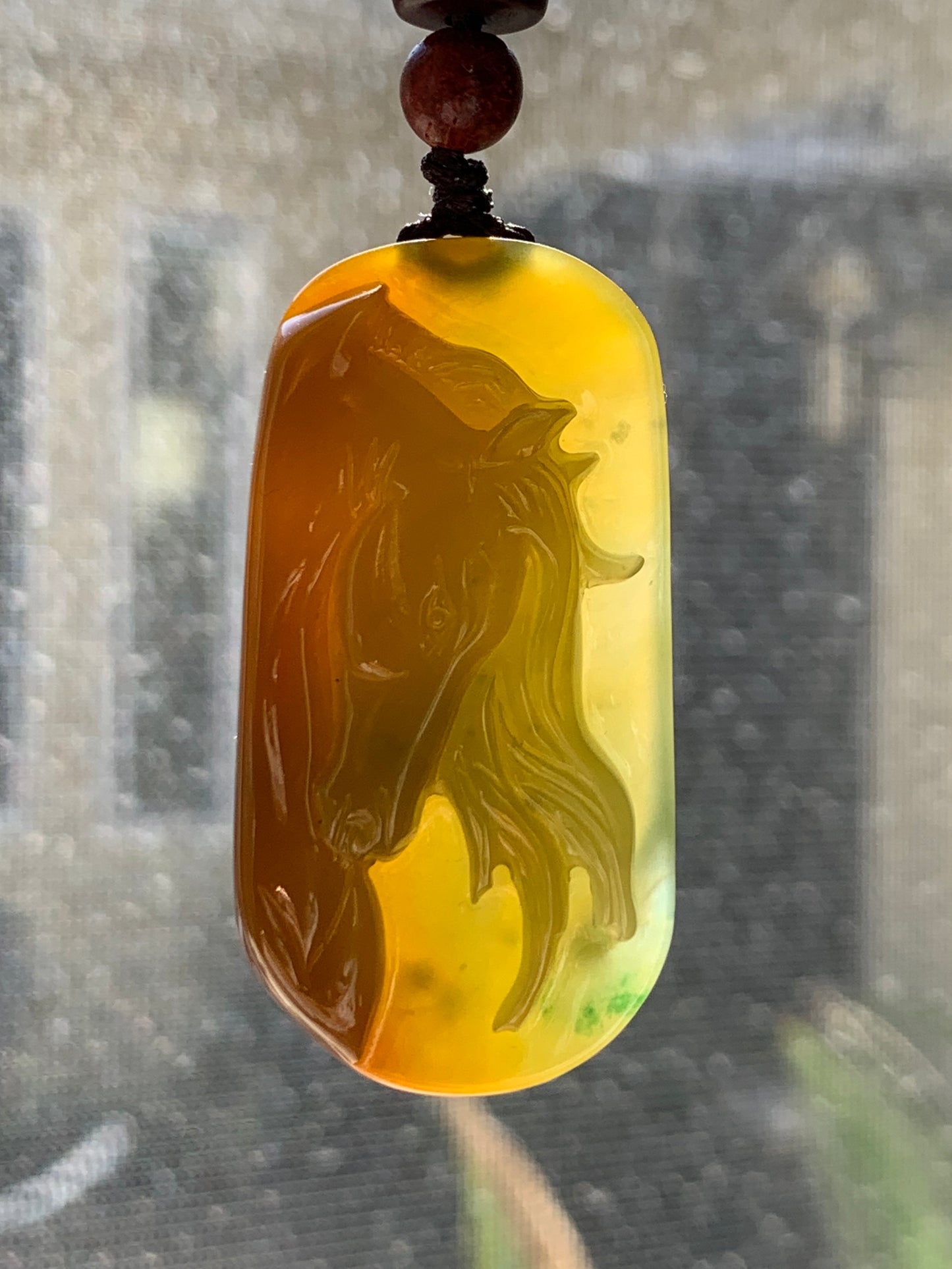 Stunning Natural Guatemalan grade A Icy Translucent Intense Yellow Jadeite w/ Green Marbling Horse Pendant Rope Necklace 天然冰危浓黄飘绿翡翠马牌吊坠挂件
