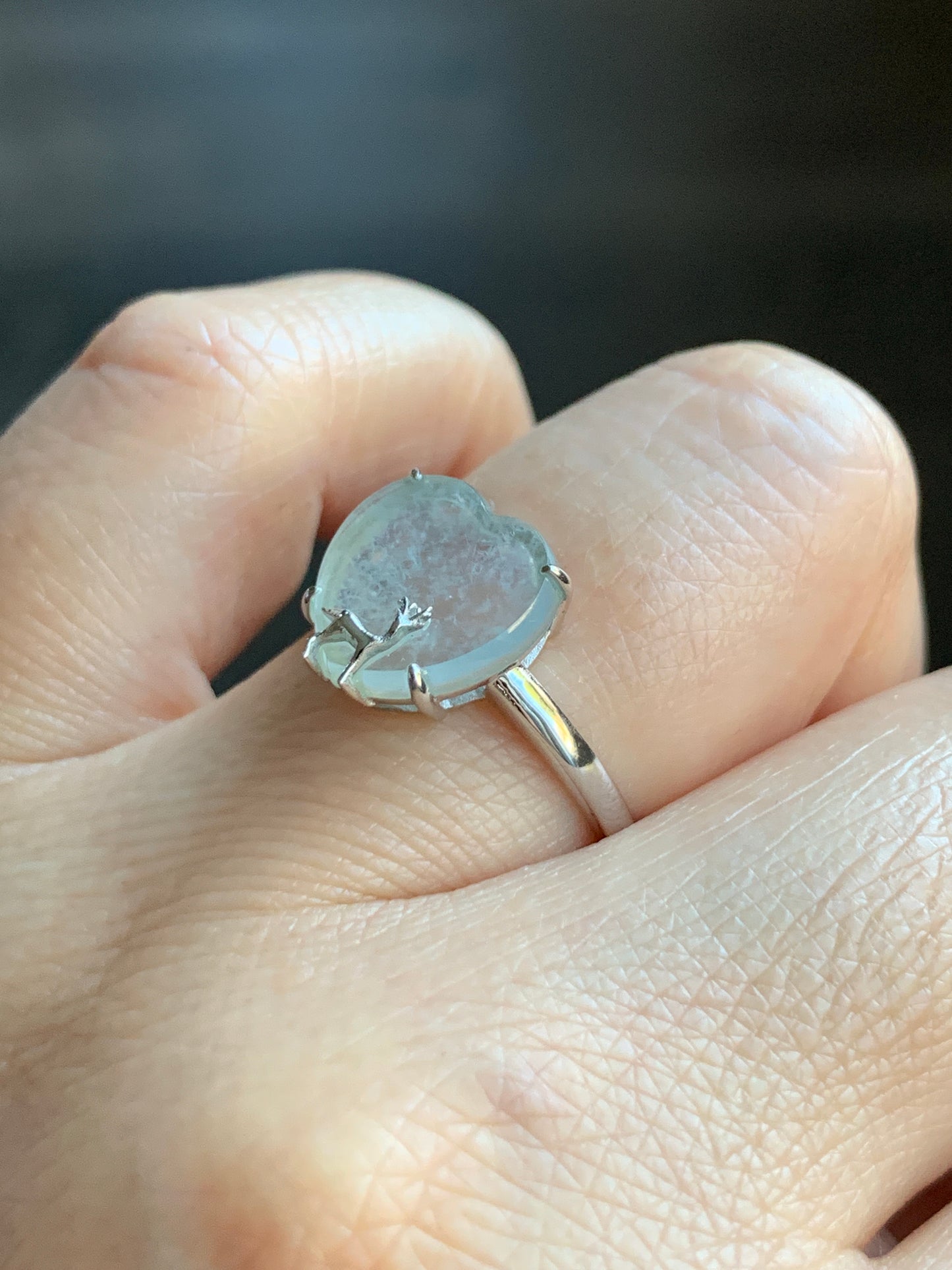 Certified Natural Grade A Premium Icy Transparent White Jadeite Heart w/ Deer Ring 18K White Gold Size 7 2.38g 天然玻璃种起钢白冰翡翠爱心小鹿镶嵌戒指 3887