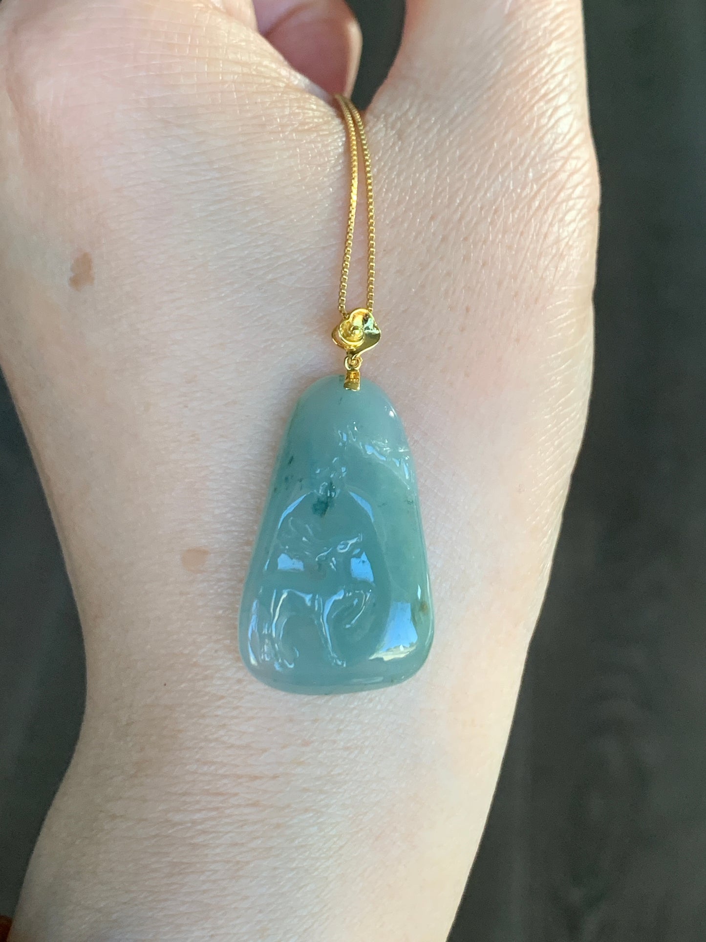 Certified Natural grade A Icy Translucent Green Jadeite Deer Engraved Pendant with 18K Yellow Gold Bail 天然翡翠正冰满绿飘花鹿牌镶嵌吊坠
