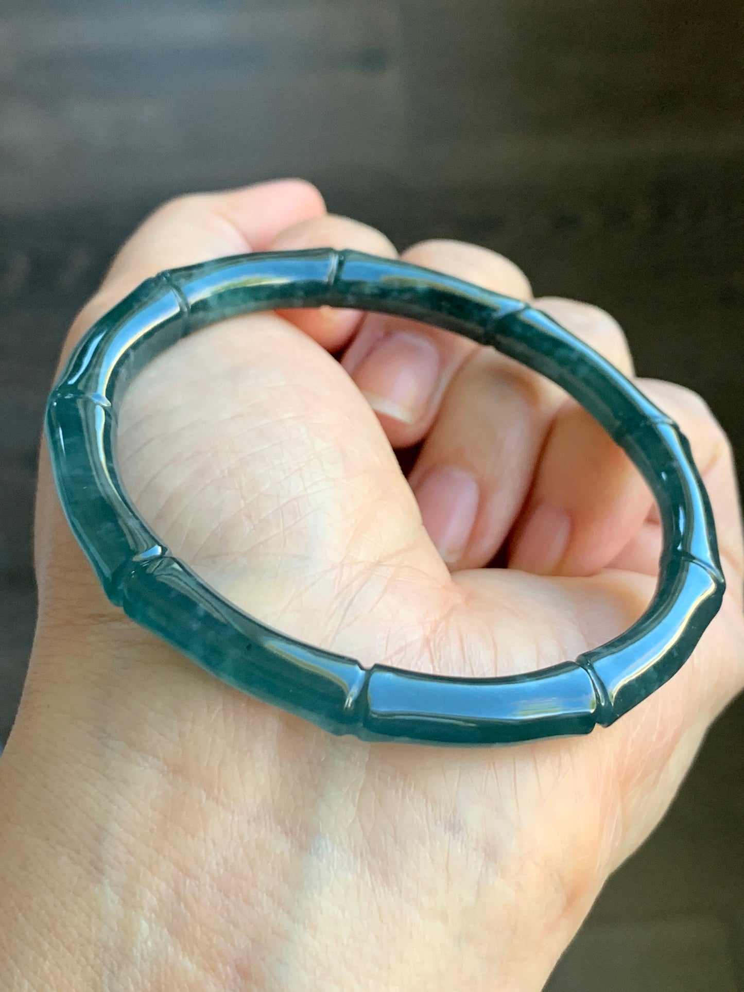 Natural Grade A Icy Translucent Gelatinous Dark Teal Green Jadeite Carved Bamboo Bangle Bracelet 57.2mm 7” 21g 天然冰危深篮绿翡翠竹节手镯 ZJ600-2