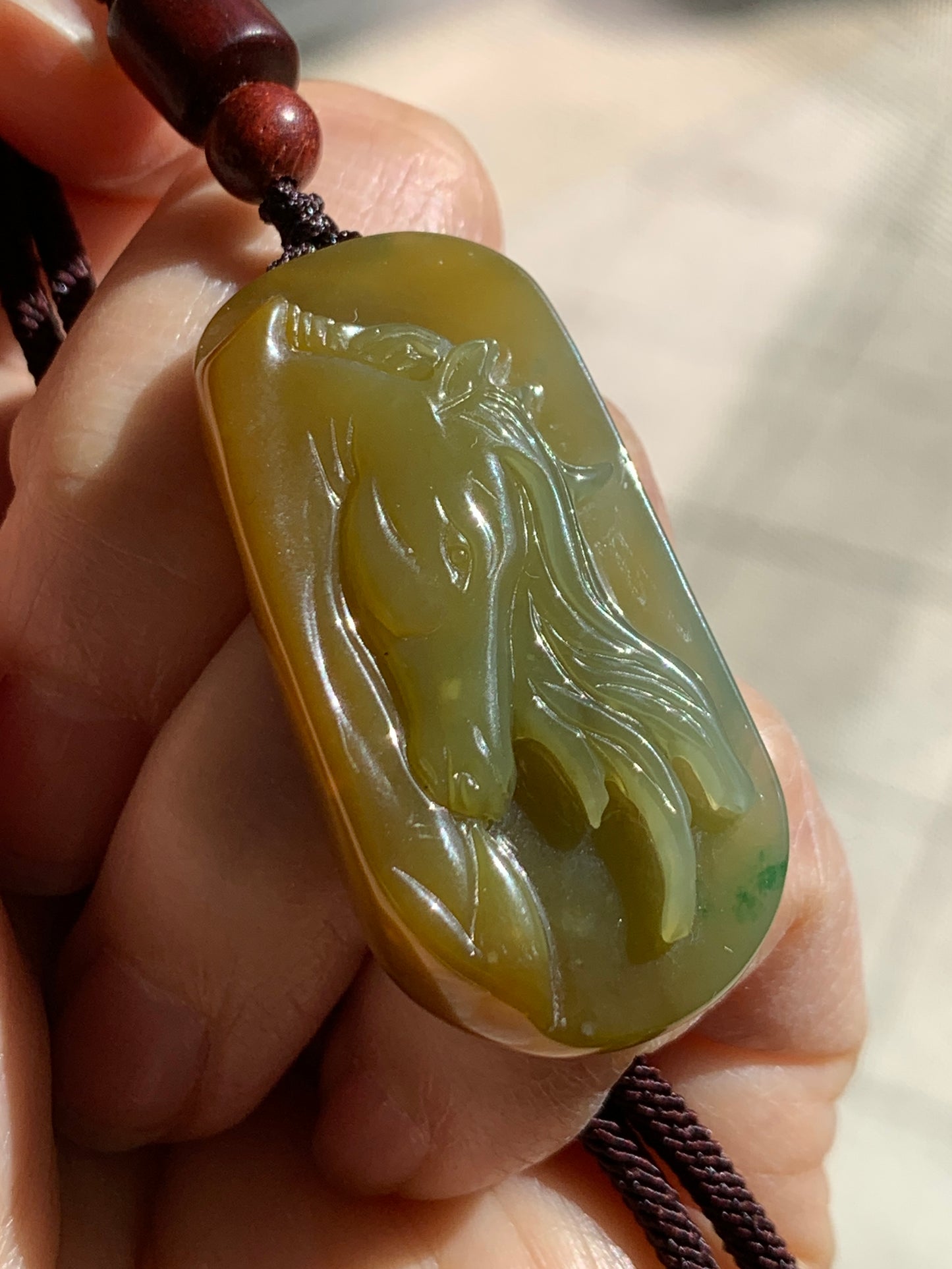 Stunning Natural Guatemalan grade A Icy Translucent Intense Yellow Jadeite w/ Green Marbling Horse Pendant Rope Necklace 天然冰危浓黄飘绿翡翠马牌吊坠挂件