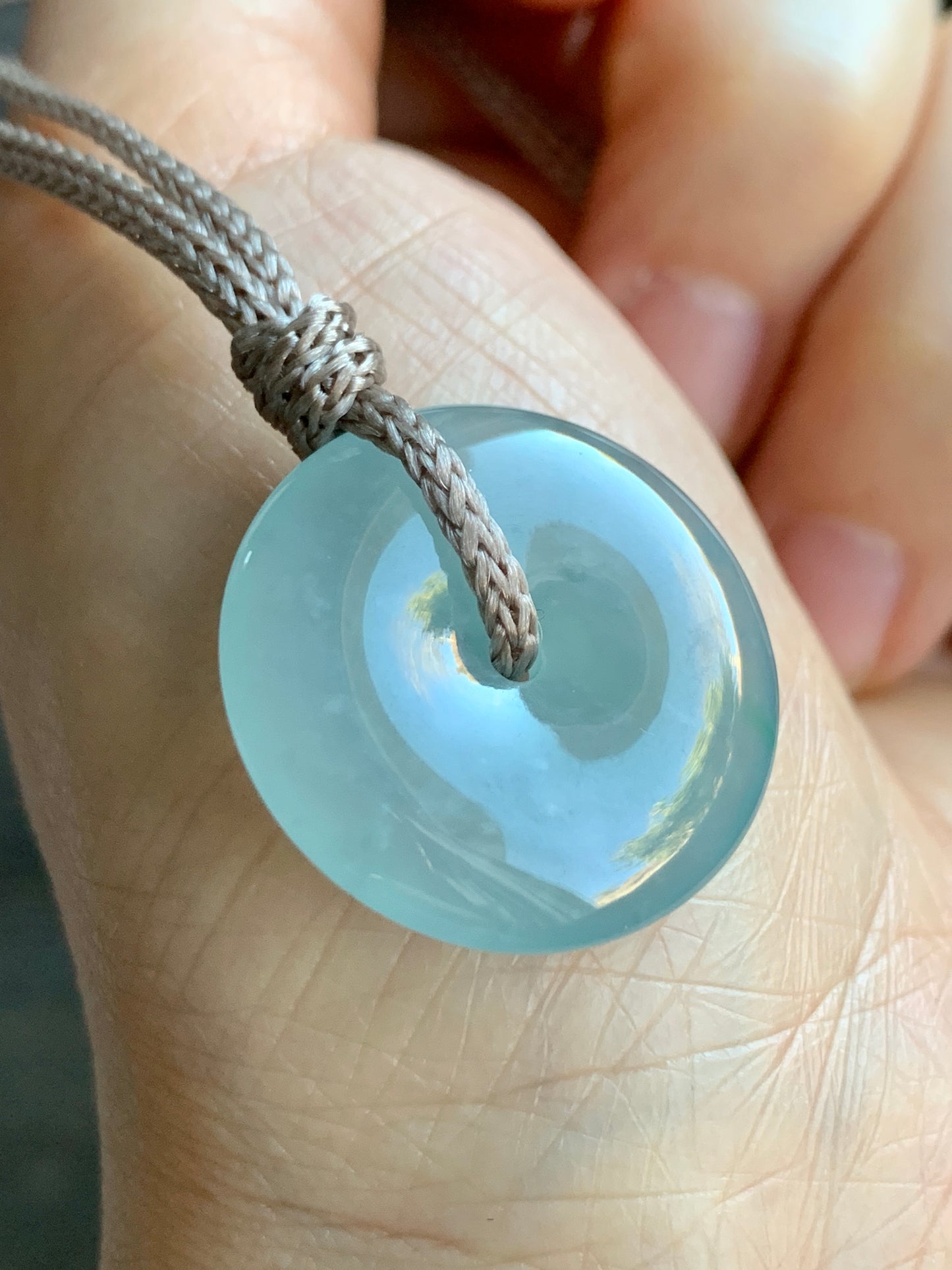 Certified Natural Icy Highly Translucent Premium Light Blue Jadeite Ping An Kou Donut Pendant Rope Necklace Adjustable 24” 天然冰危淡蓝起胶起光翡翠平安扣吊坠 7832