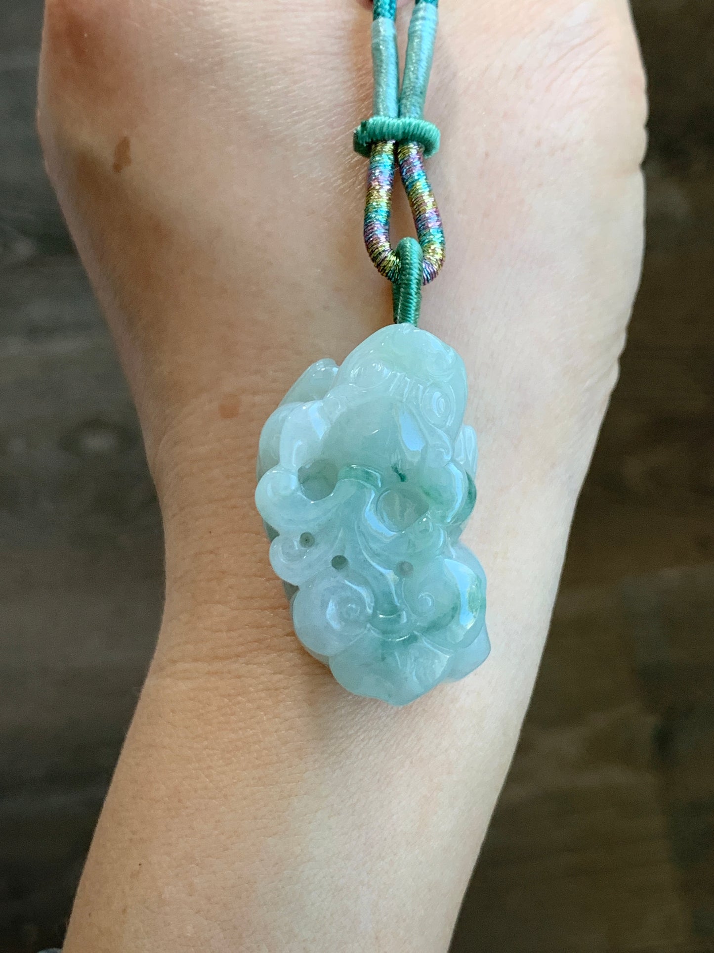 Natural Grade A Icy Translucent Gelatinous Green Marbled Jadeite Carved Pixiu Pendant Rope Necklace Adjustable 25" 24g 天然冰胶精工飘绿花翡翠貔貅吊坠