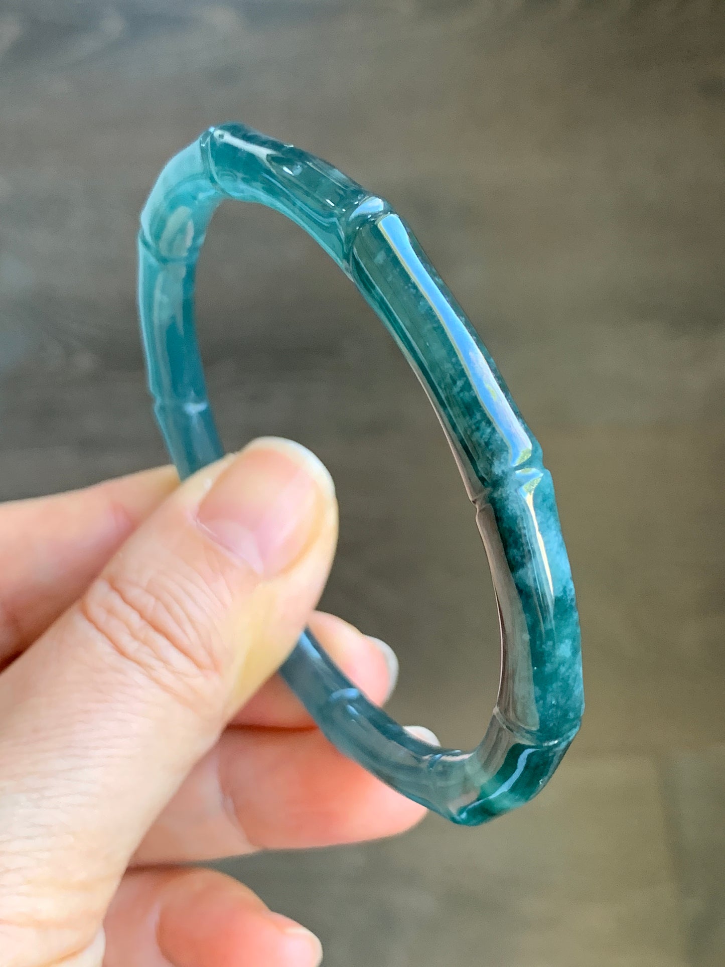 Natural Grade A Icy Translucent Gelatinous Dark Teal Green Jadeite Carved Bamboo Bangle Bracelet 57.2mm 7” 21g 天然冰危深篮绿翡翠竹节手镯 ZJ600-2