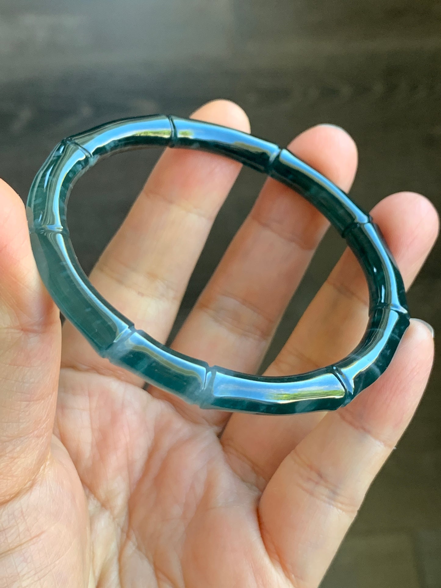 Natural Grade A Icy Translucent Gelatinous Dark Teal Green Jadeite Carved Bamboo Bangle Bracelet 56.6mm 7” 20g 天然冰危深篮绿翡翠竹节手镯 ZJ480-3