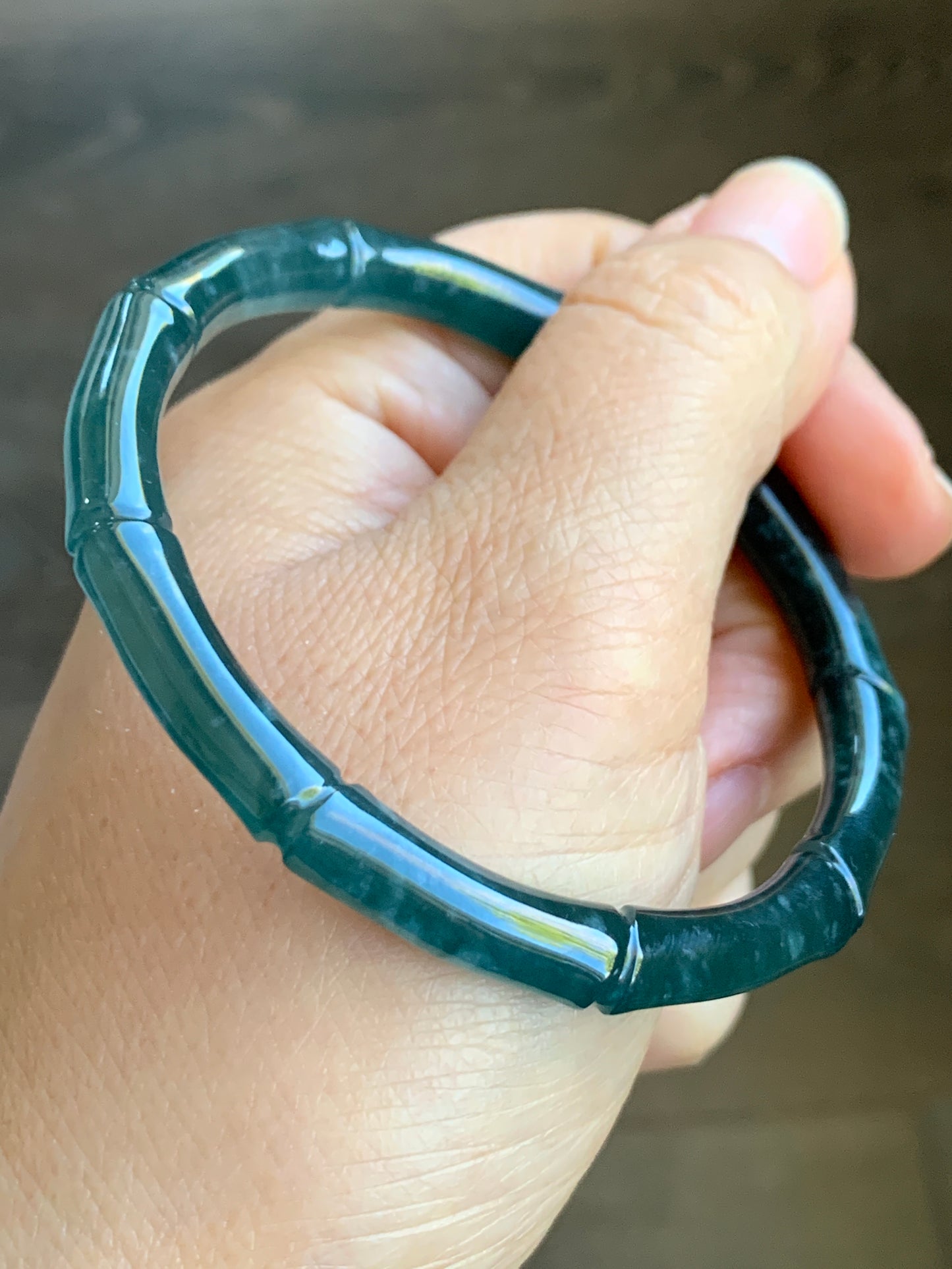 Natural Grade A Icy Translucent Gelatinous Dark Teal Green Jadeite Carved Bamboo Bangle Bracelet 57.2mm 7” 21g 天然冰危深篮绿翡翠竹节手镯 ZJ600-2