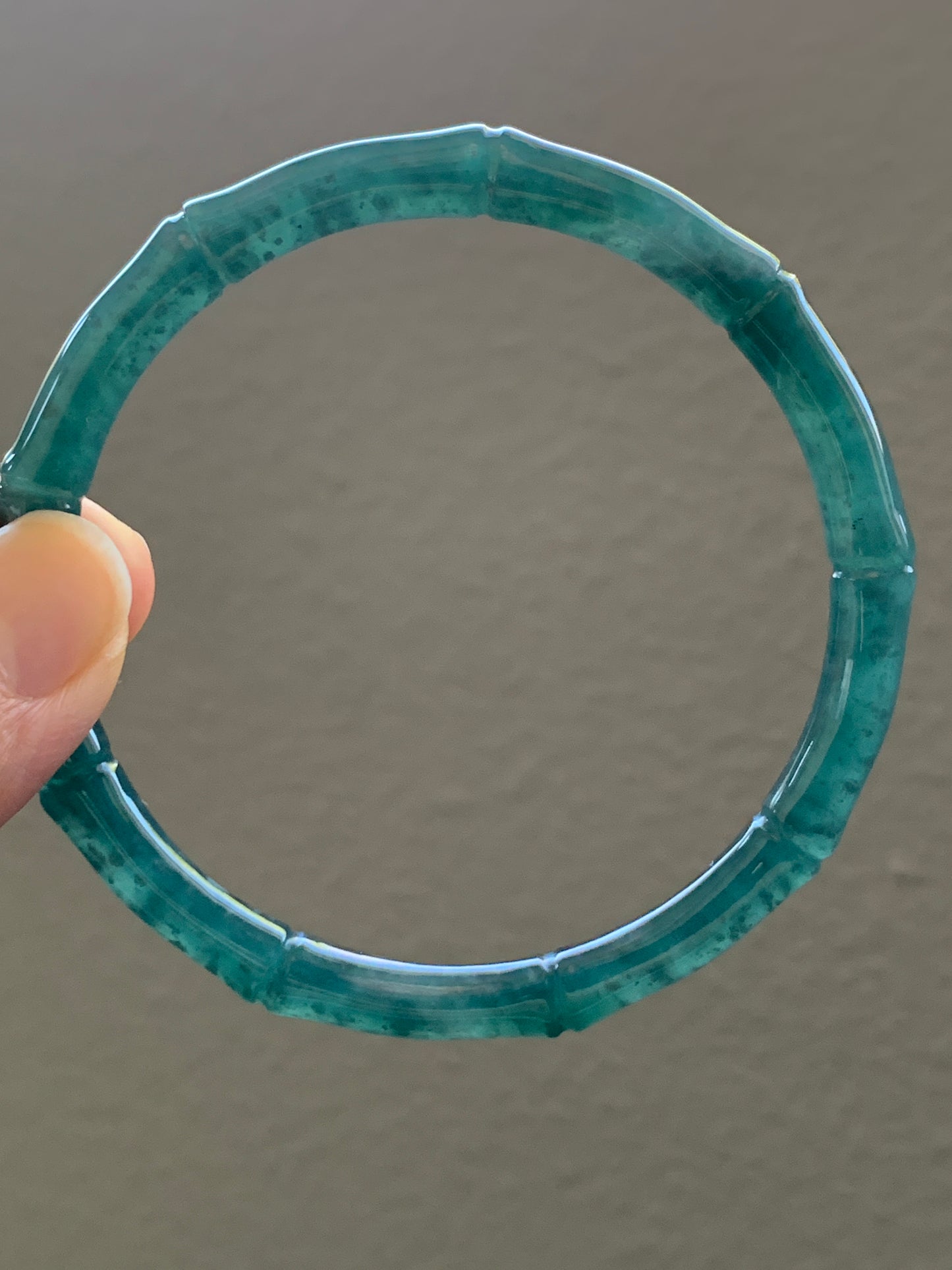 Certified Natural Grade A Icy Translucent Gelatinous Dark Teal Green Jadeite Carved Bamboo Bangle Bracelet 60.7mm 7.5” 21g 天然冰危深篮绿翡翠竹节手镯 7829