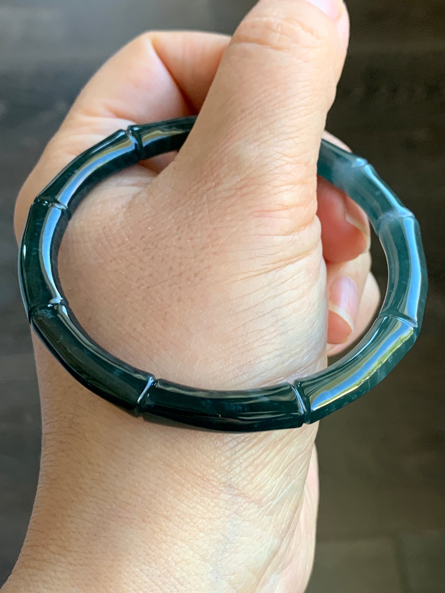 Natural Grade A Icy Translucent Gelatinous Dark Teal Green Jadeite Carved Bamboo Bangle Bracelet 56.6mm 7” 20g 天然冰危深篮绿翡翠竹节手镯 ZJ480-3