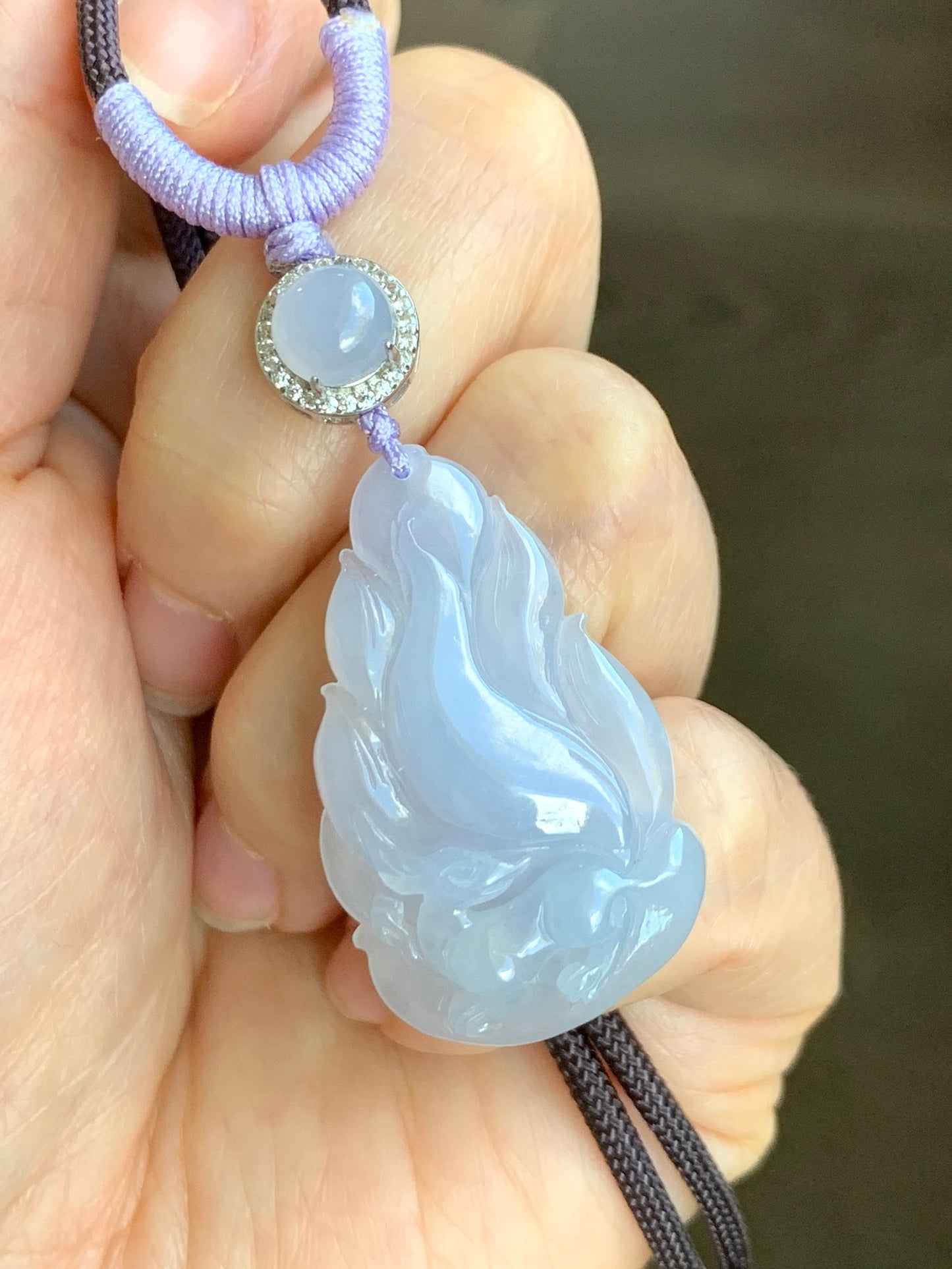 Certified Natural Icy Translucent Gelatinous Soft Purple Jadeite Carved Nine-Tailed Fox Pendant Rope Necklace 26" 天然冰胶淡紫翡翠九尾狐吊坠 3270