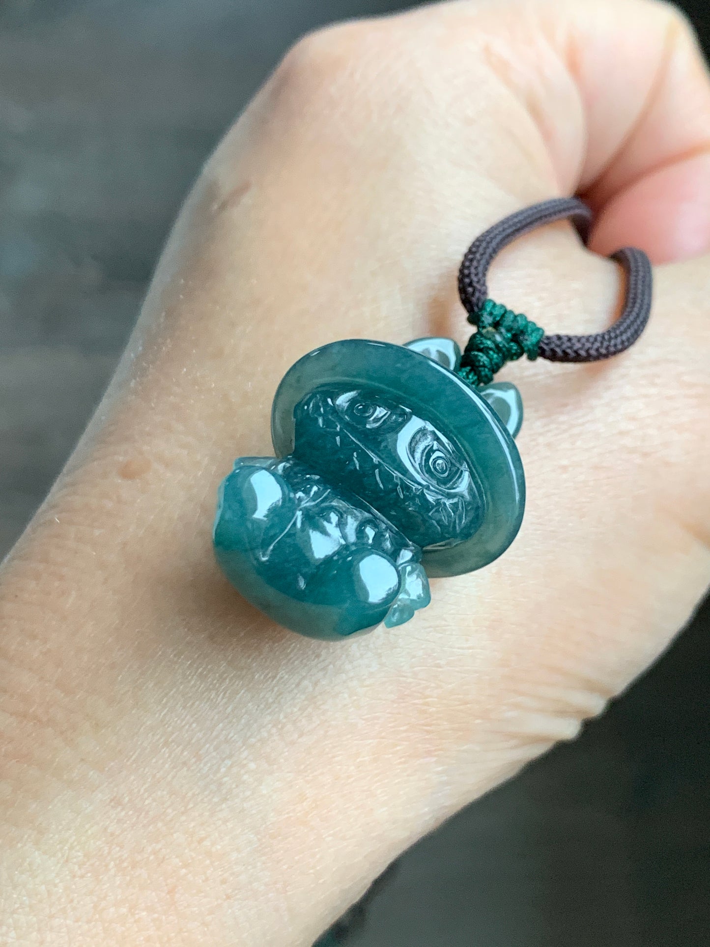 Natural Grade A Guatemalan Icy Translucent Gelatinous Dark Teal Blue Jade Jadeite Carved Labubu Pendant Rope Necklace 26” 天然冰胶危深蓝绿翡翠拉布布吊坠 LBB88