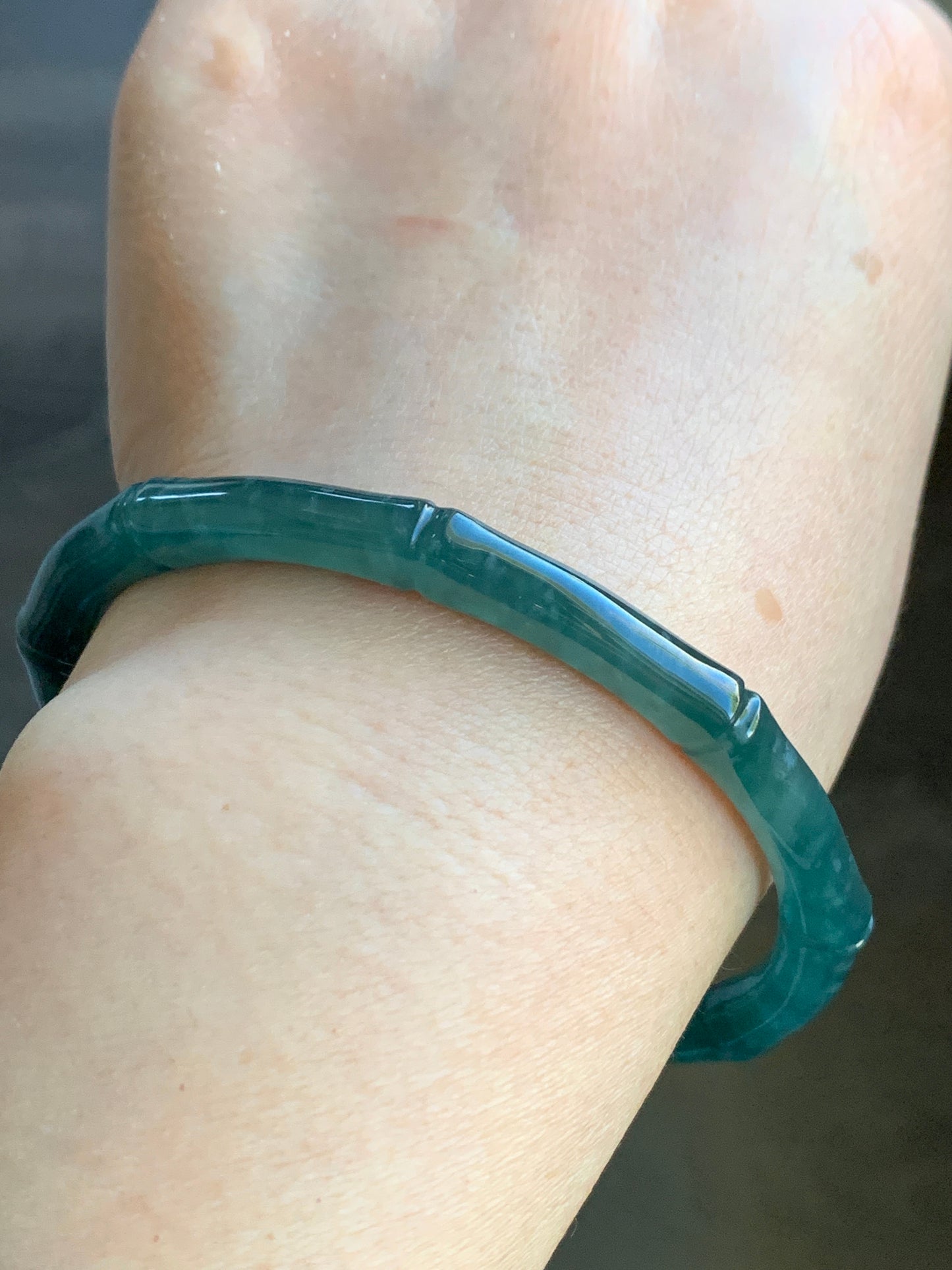 Certified Natural Grade A Icy Translucent Gelatinous Dark Teal Green Jadeite Carved Bamboo Bangle Bracelet 60.7mm 7.5” 21g 天然冰危深篮绿翡翠竹节手镯 7829