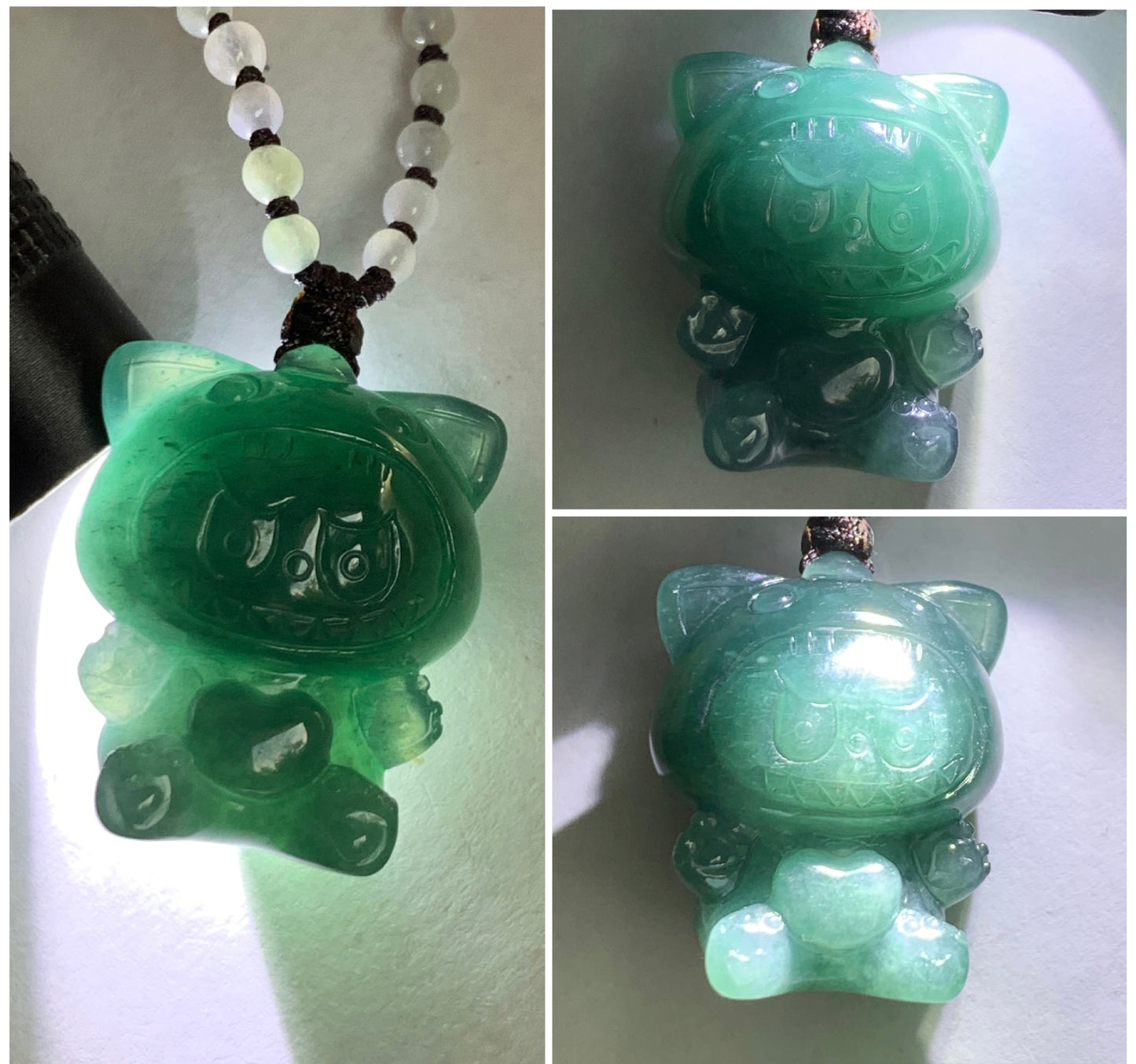 Natural Grade A Guatemalan Icy Translucent Dark Teal Blue Jade Jadeite Carved Labubu Pendant Beaded Necklace 23.5” 天然冰危深蓝绿翡翠吊坠 LBB138
