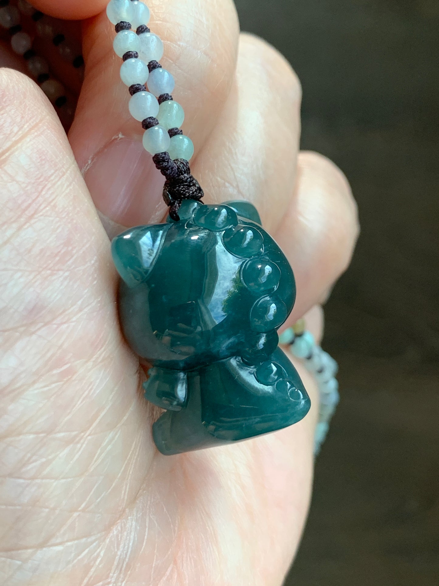 Natural Grade A Guatemalan Icy Translucent Dark Teal Blue Jade Jadeite Carved Labubu Pendant Beaded Necklace 23.5” 天然冰危深蓝绿翡翠吊坠 LBB138