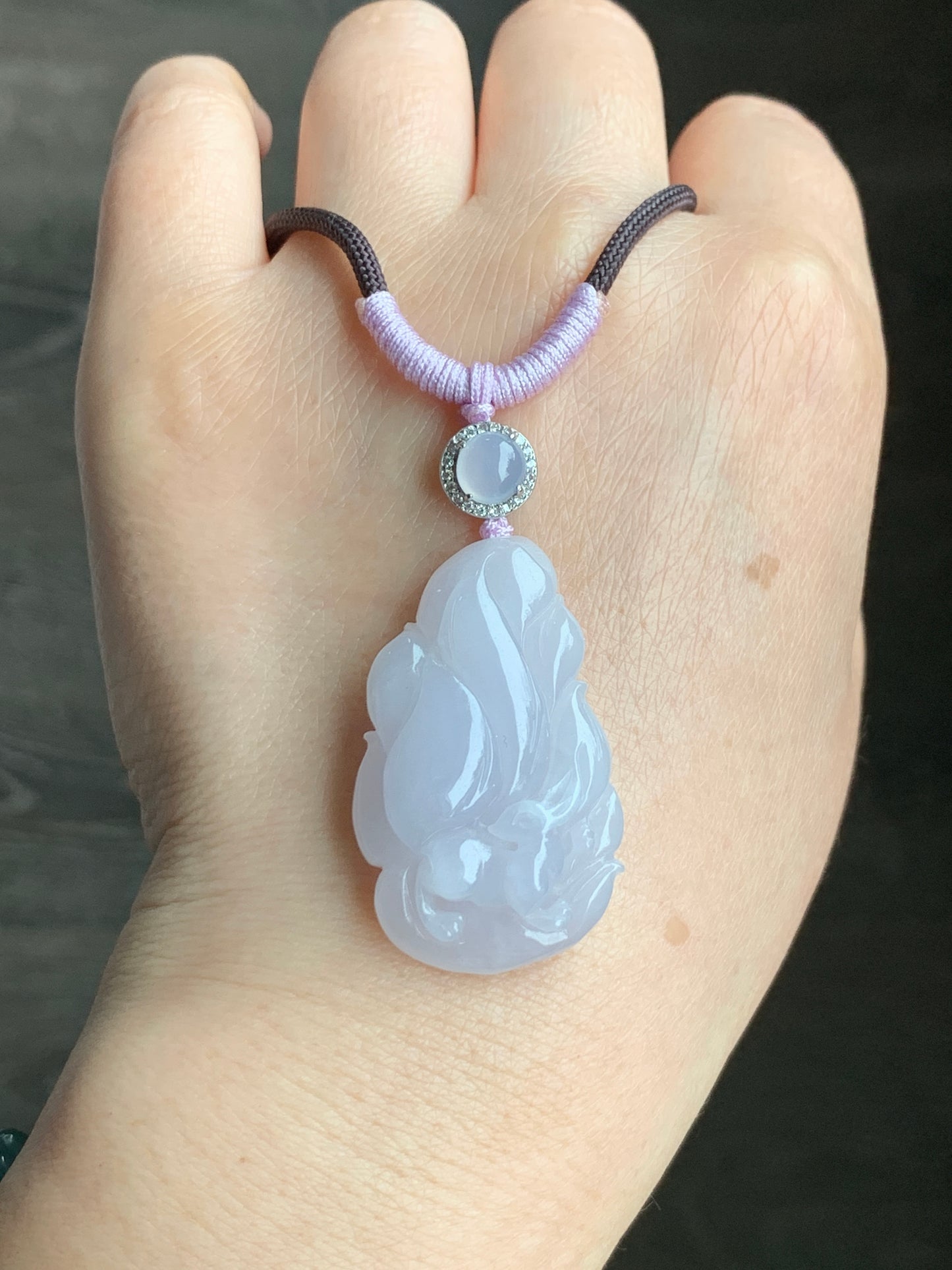 Certified Natural Grade A Icy Translucent Pastel Pinkish Purple Jadeite Carved Nine-Tailed Fox Pendant Rope Necklace 27” 天然冰胶淡粉紫翡翠九尾狐吊坠 3269