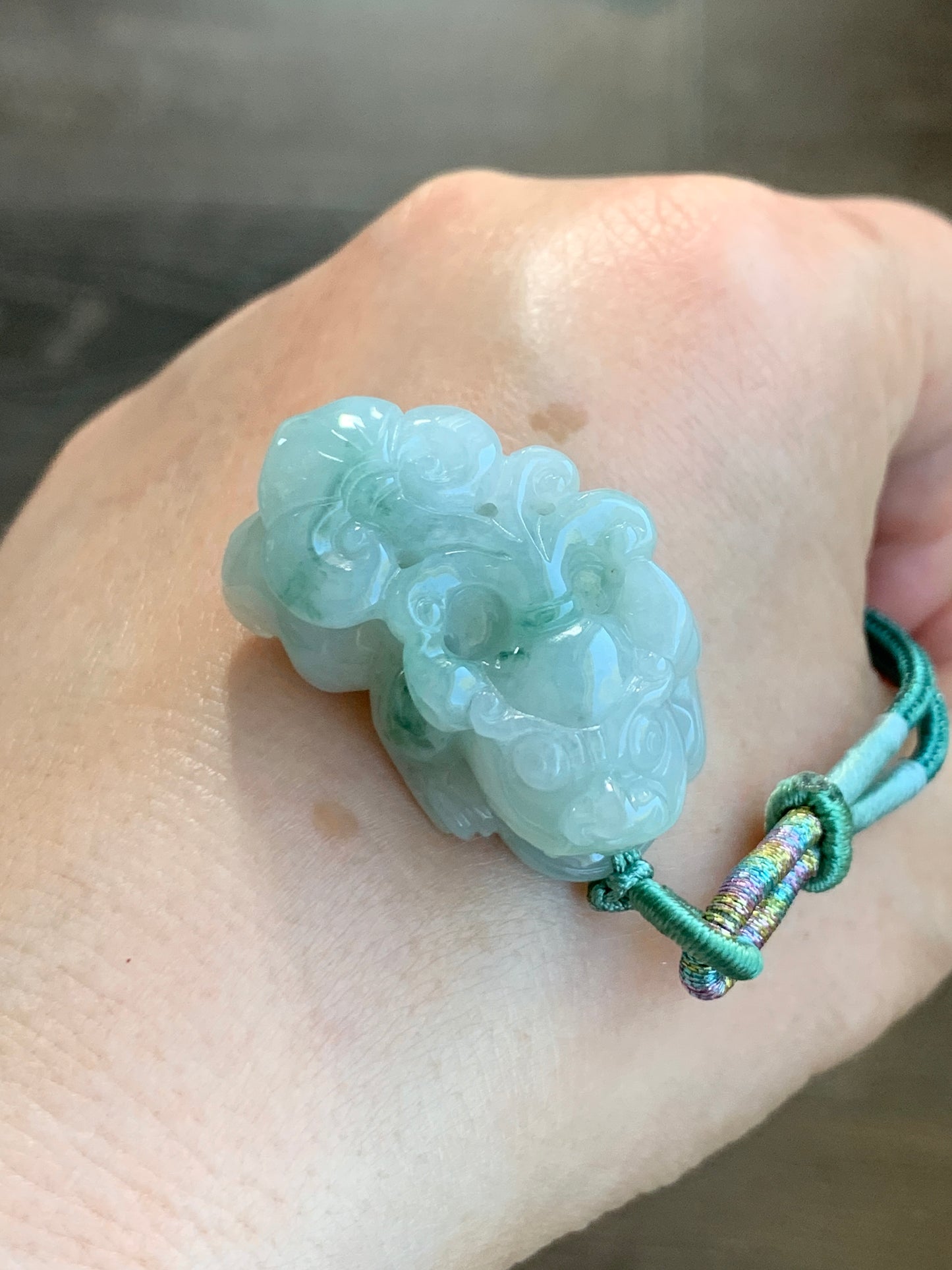 Natural Grade A Icy Translucent Gelatinous Green Marbled Jadeite Carved Pixiu Pendant Rope Necklace Adjustable 25" 24g 天然冰胶精工飘绿花翡翠貔貅吊坠