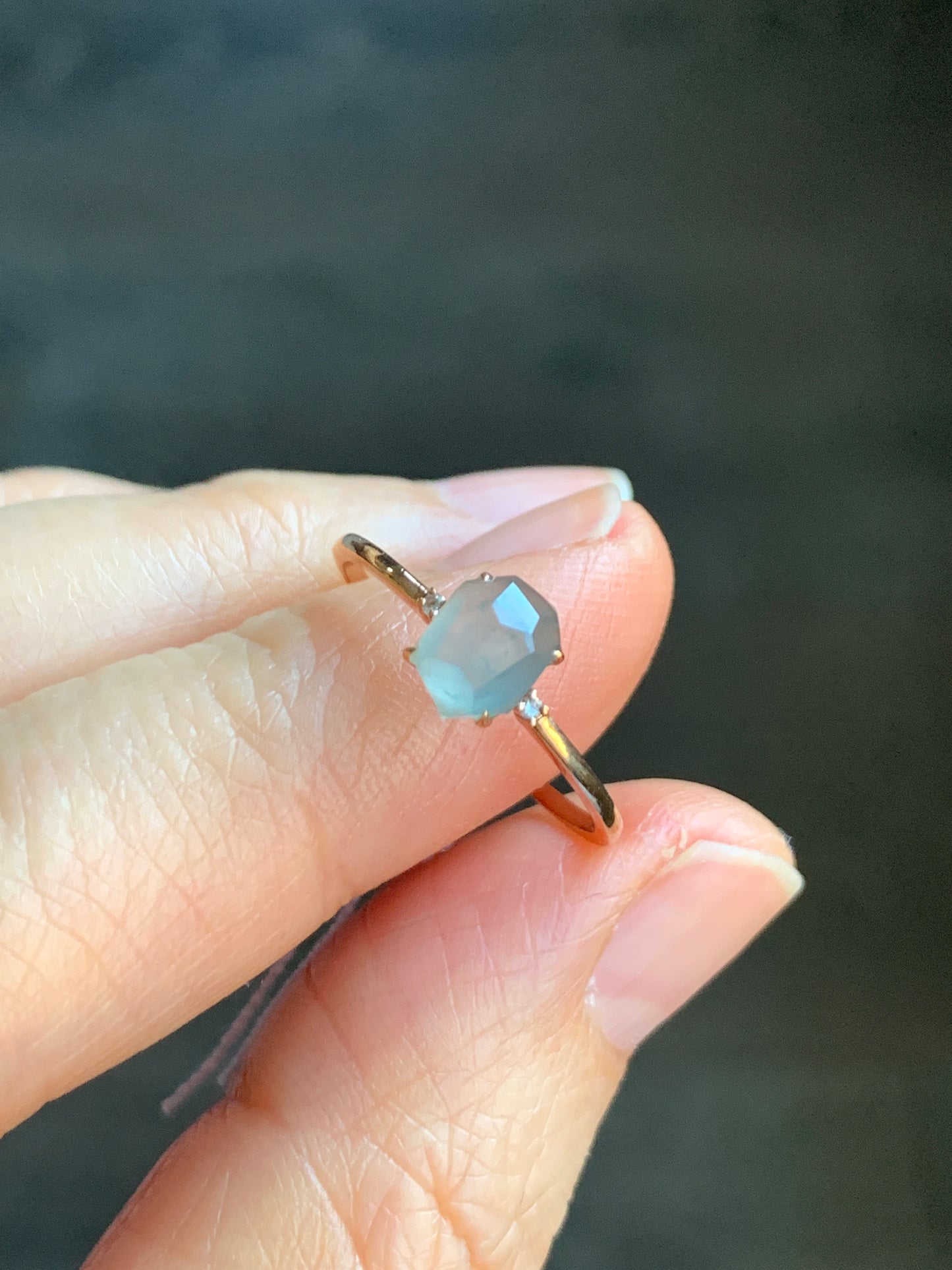 Certified Natural Grade A Icy Translucent Light Blue Jadeite Faceted Cabochon Solitaire Ring 18K Rose Gold Diamonds Sz 7 天然天空蓝翡翠切割面钻石镶嵌戒指