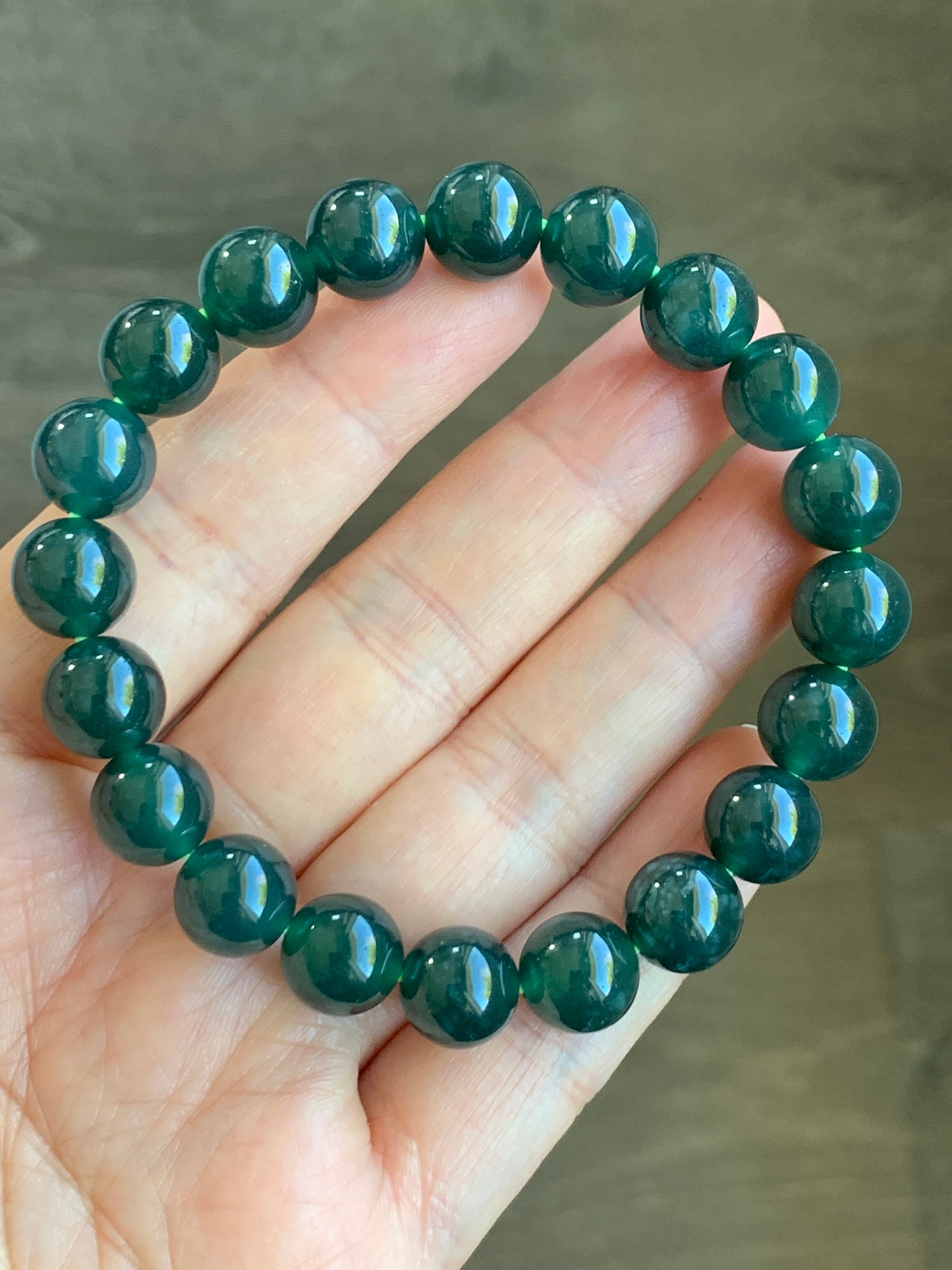 Natural Grade A Icy Translucent Gelatinous Dark Teal Green Jadeite Beaded Bracelet 9.9mm 7.25” 34g WLC300
