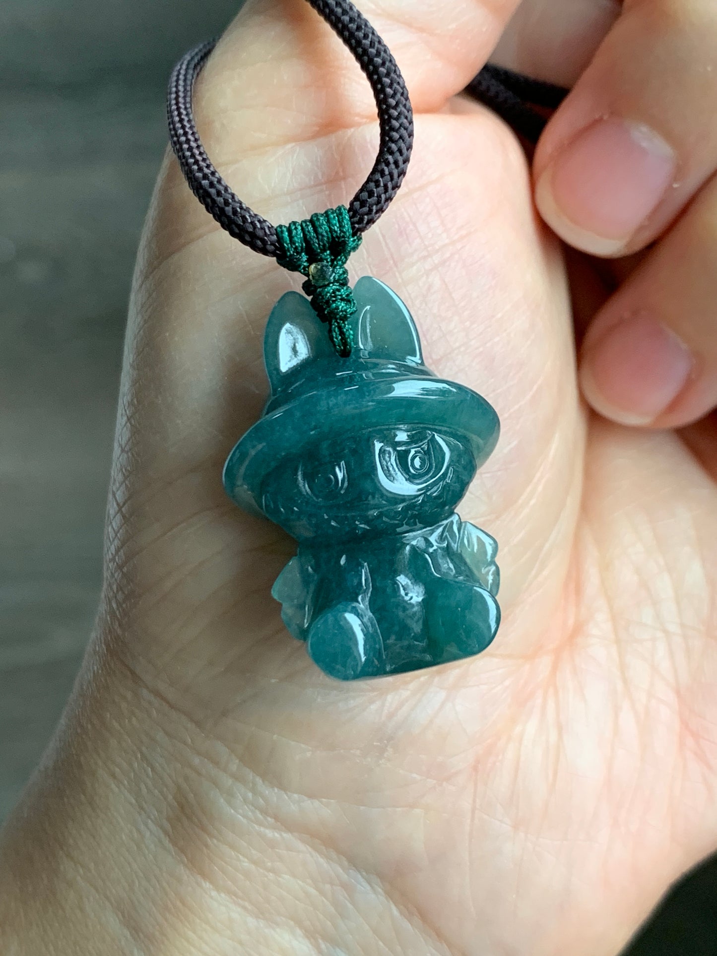 Natural Grade A Guatemalan Icy Translucent Gelatinous Dark Teal Blue Jade Jadeite Carved Labubu Pendant Rope Necklace 26” 天然冰胶危深蓝绿翡翠拉布布吊坠 LBB88