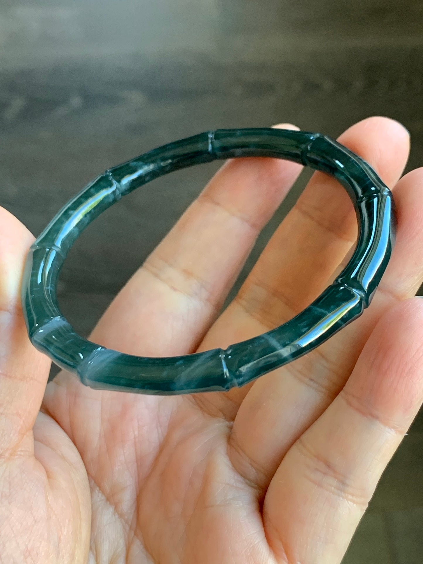 Natural Grade A Icy Translucent Gelatinous Dark Teal Green Jadeite Carved Bamboo Bangle Bracelet 56.6mm 7” 20g 天然冰危深篮绿翡翠竹节手镯 ZJ480-3