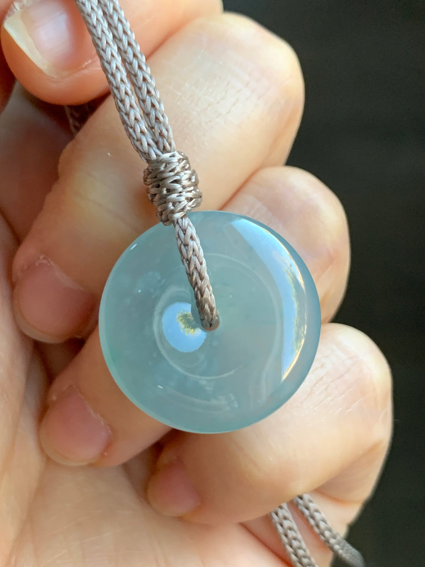 Certified Natural Icy Highly Translucent Premium Light Blue Jadeite Ping An Kou Donut Pendant Rope Necklace Adjustable 24” 天然冰危淡蓝起胶起光翡翠平安扣吊坠 7832