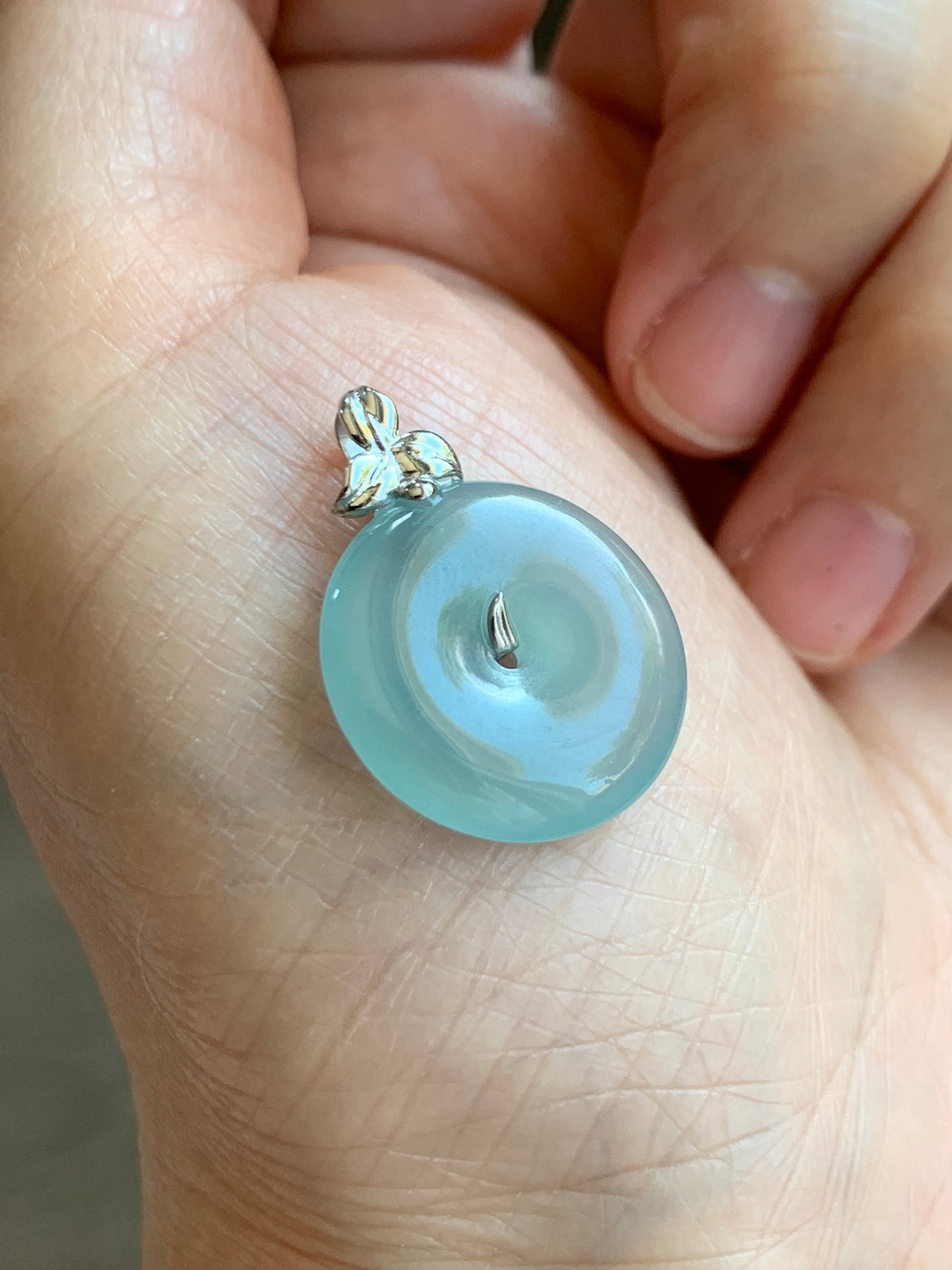 Certified Natural Guatemalan Icy Highly Translucent Light Teal Blue Jadeite Ping An Kou Donut Pendant 14K White Gold 天然冰危蓝绿平安扣镶嵌吊坠 9457