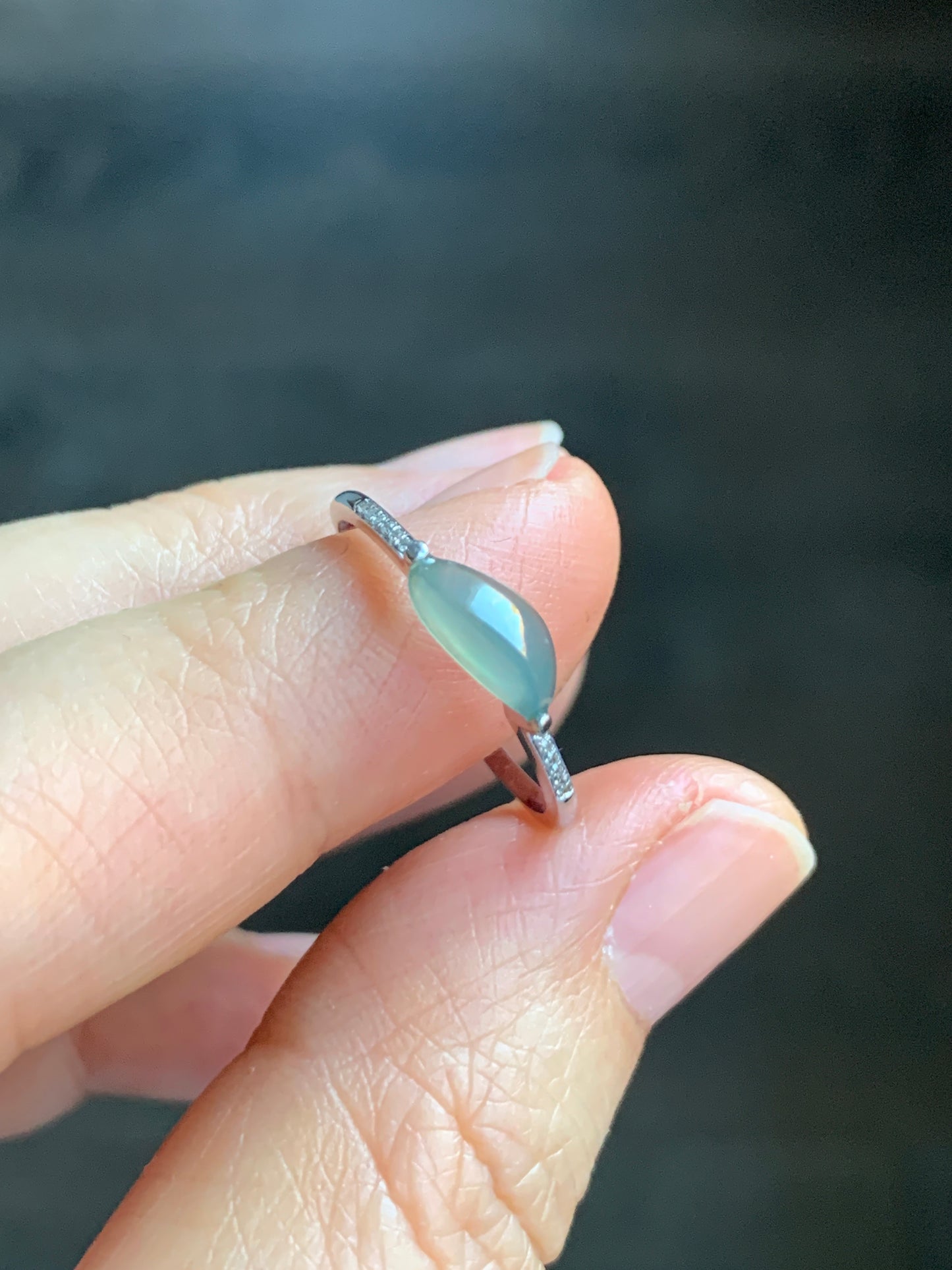 Certified Icy Highly Translucent Light Green Jadeite Horse Eye Cabochon Ring 18K White Gold Diamonds Sz 7 US 1.38g 天然冰晴绿翡翠马眼钻石镶嵌戒指 3843