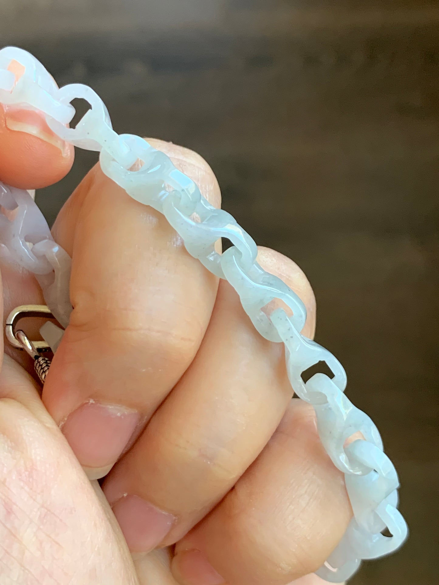 Natural Grade A Icy Translucent White Jade Jadeite Carved Interlocking Dragon Bone Chain Bracelet Sterling Silver Adjustable