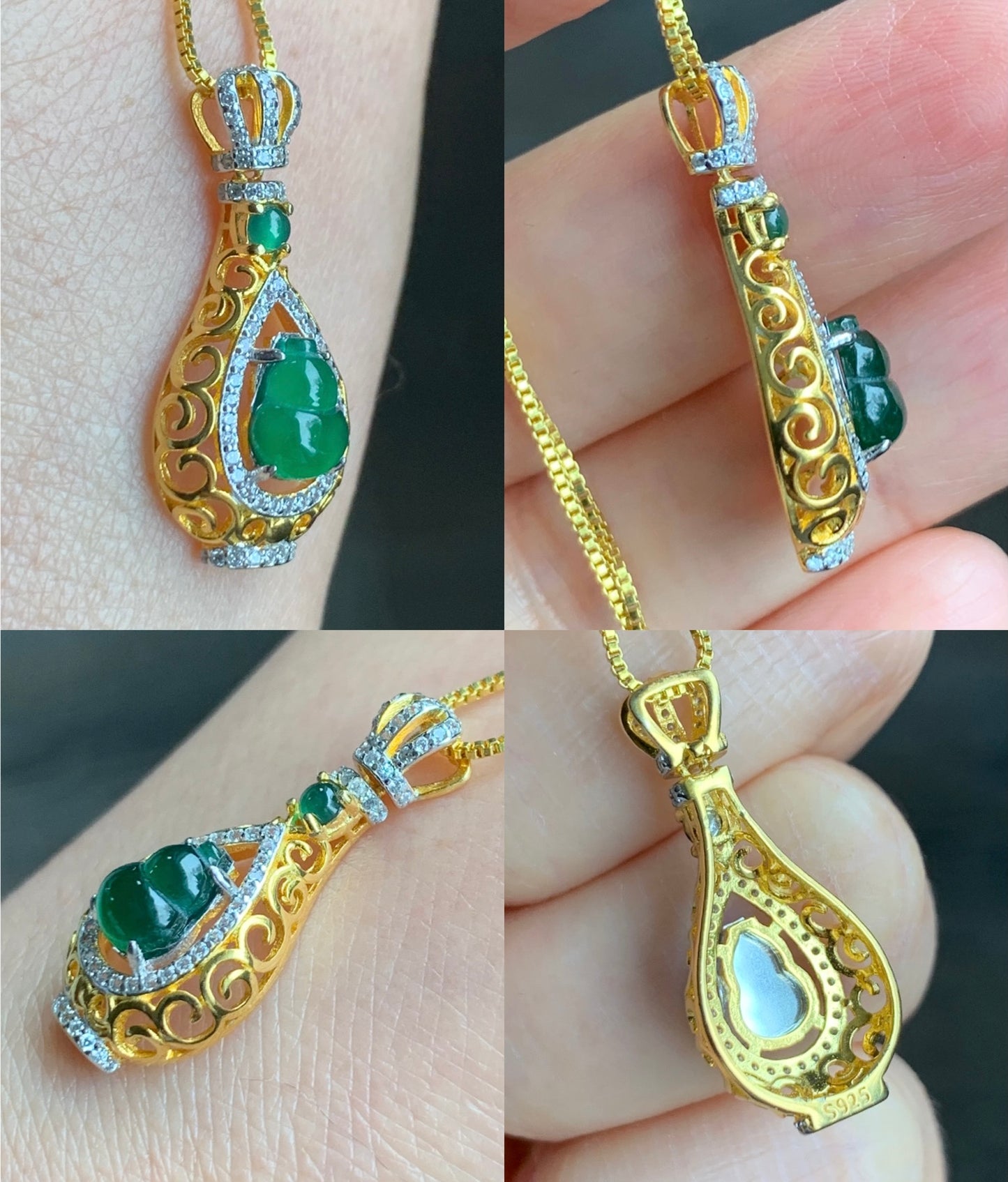 Natural Guatemalan Premium Vibrant Green Jadeite Hulu Gourd Pendant S925 Silver Yellow Gold Finish 天然老种高危冰绿翡翠葫芦镶嵌吊坠