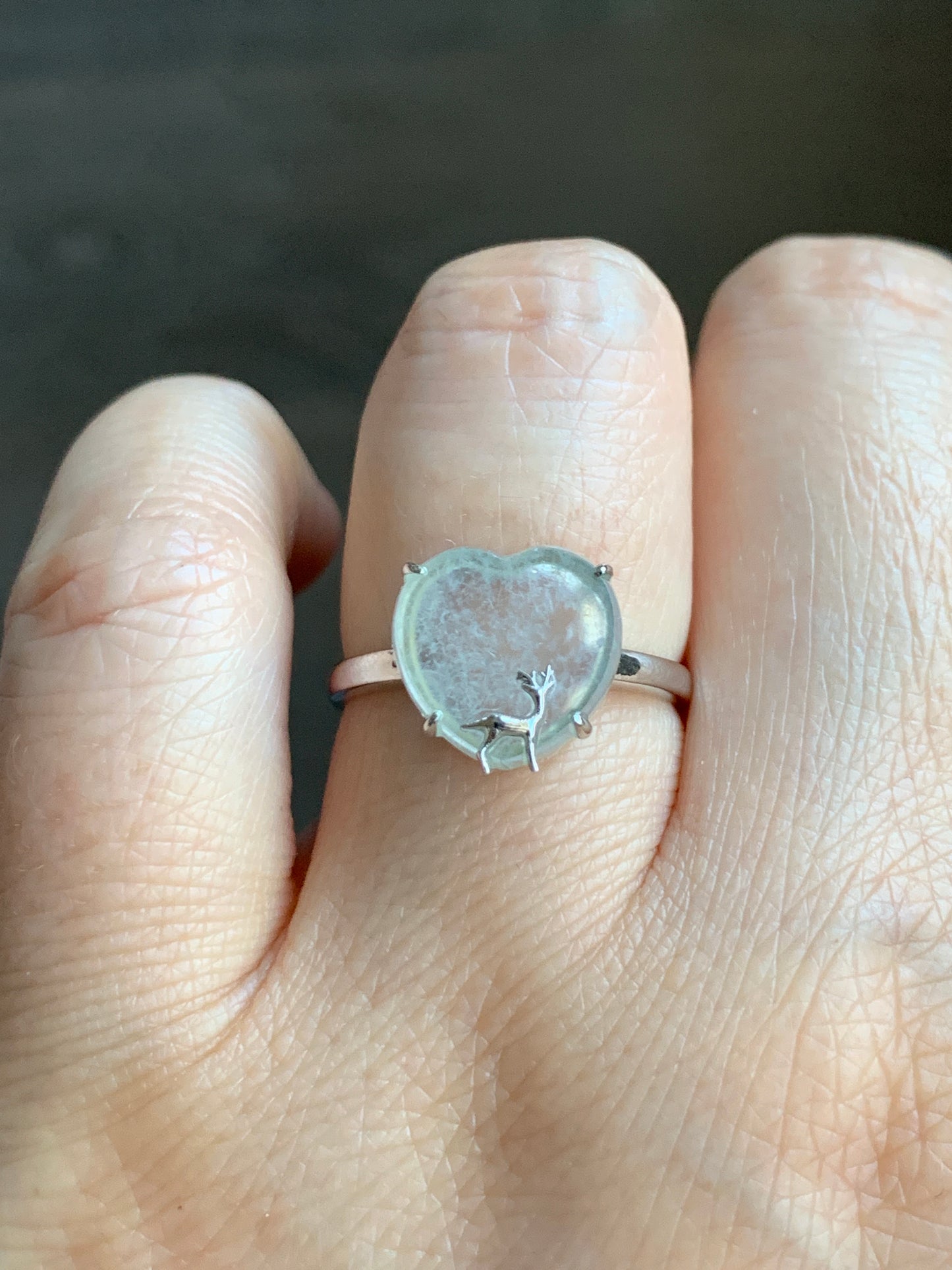 Certified Natural Grade A Premium Icy Transparent White Jadeite Heart w/ Deer Ring 18K White Gold Size 7 2.38g 天然玻璃种起钢白冰翡翠爱心小鹿镶嵌戒指 3887