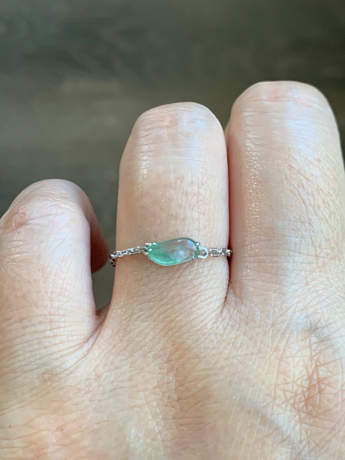 Certified Natural Highly Translucent Green Marbling Jadeite "Horse Eye" Chain Ring 18K White Gold Adjustable 天然正高冰翡翠飘绿花马眼镶嵌戒指