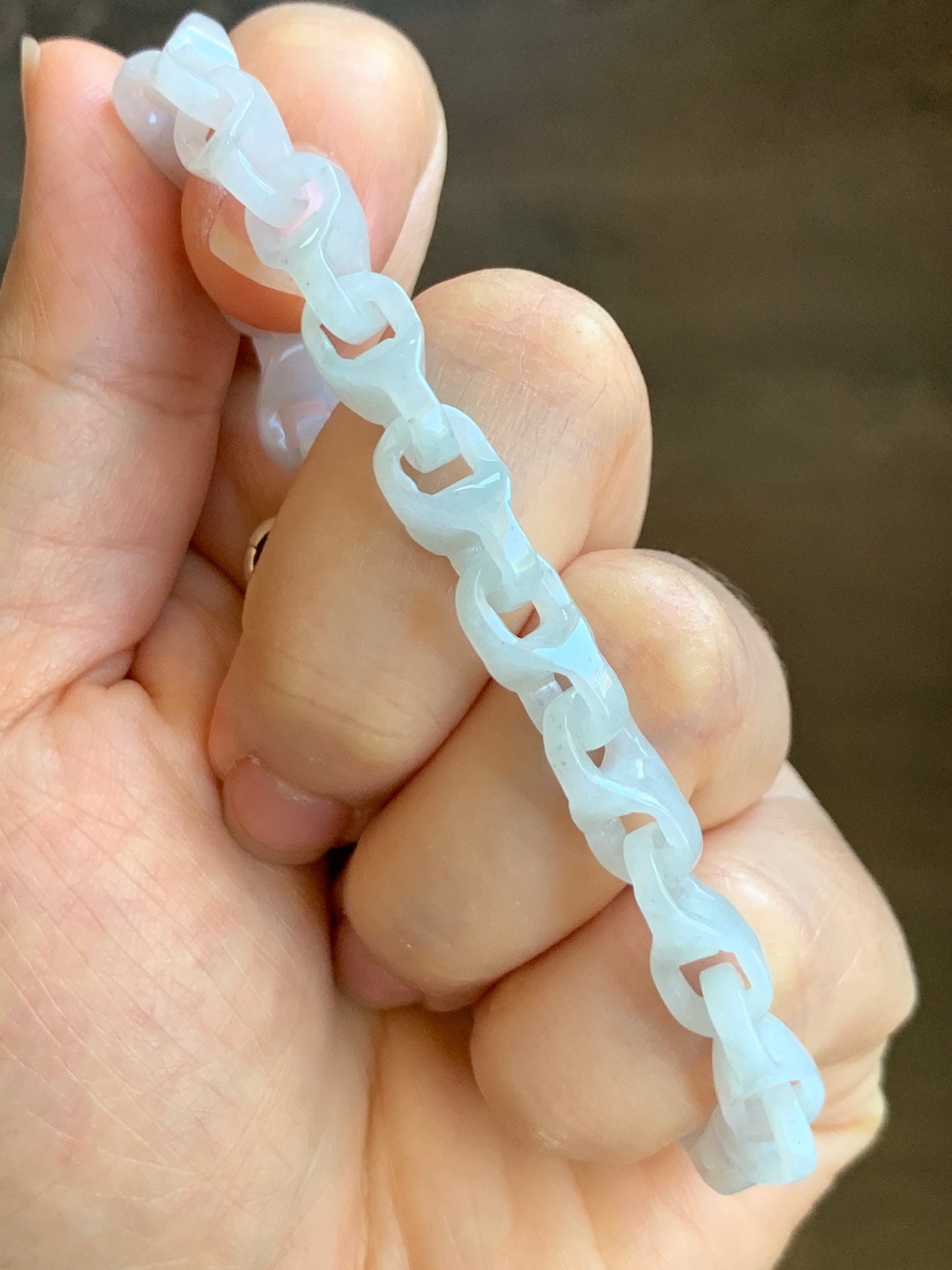 Natural Grade A Icy Translucent White Jade Jadeite Carved Interlocking Dragon Bone Chain Bracelet Sterling Silver Adjustable