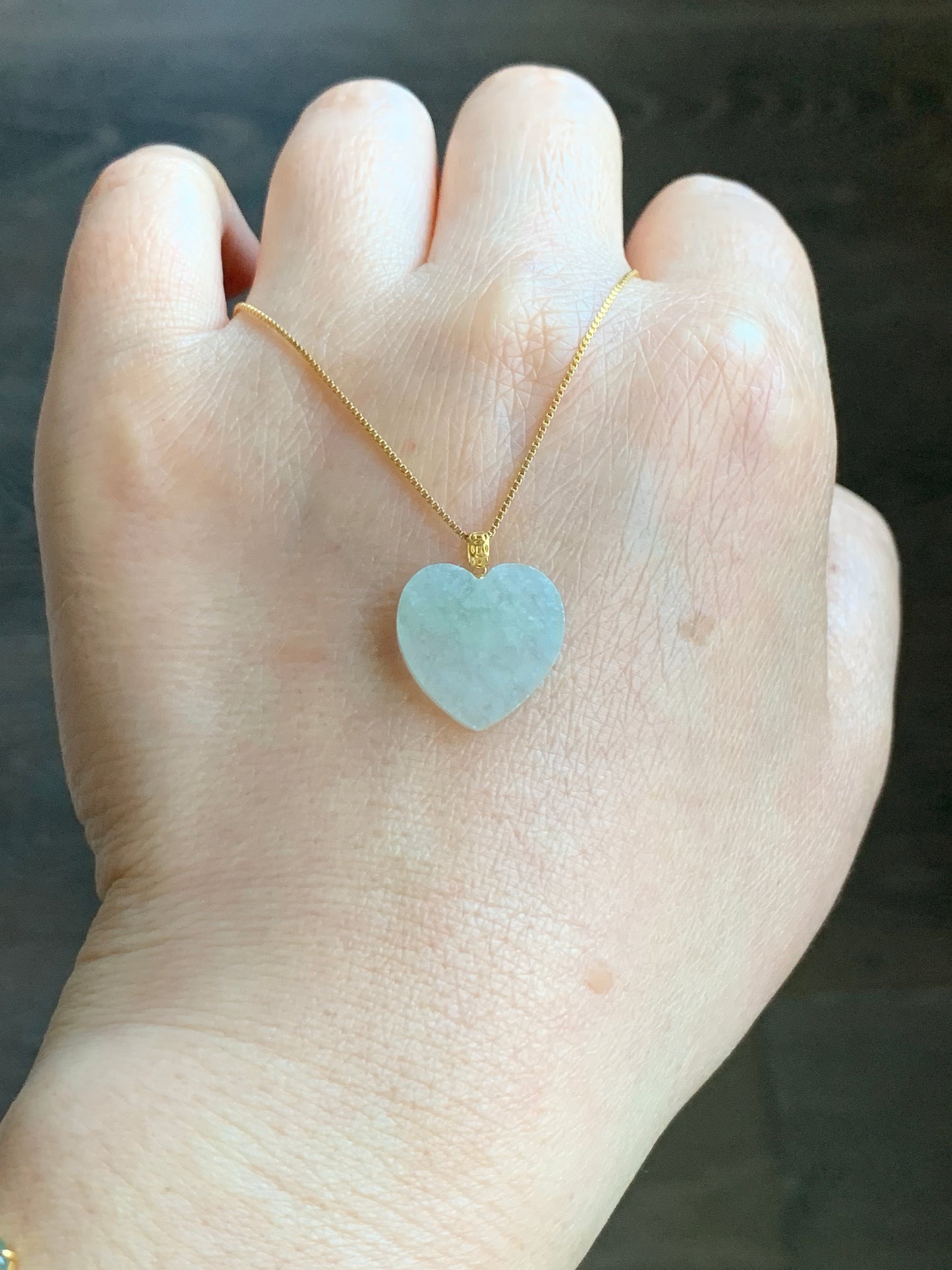 Natural Highly Translucent Icy Light Green Jadeite w/ White Marbling Heart Pendant 18K Yellow Gold Bail 17” Cord 天然冰晴莫西沙翡翠爱心镶嵌吊
