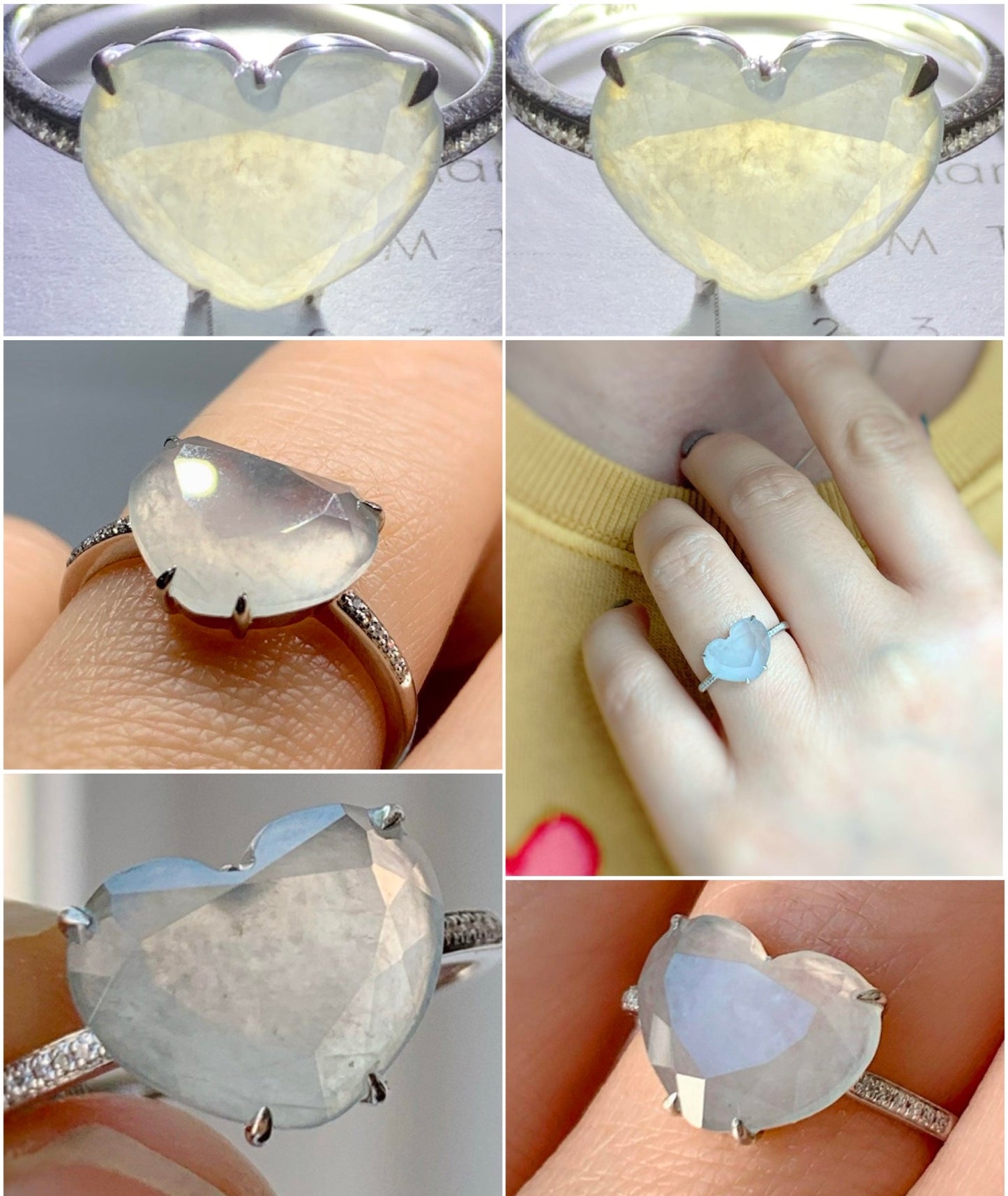 Certified Natural Grade A Premium Icy White Jadeite Diamond Faceted Heart Ring Natural Diamonds 18K White Gold Sz 7 天然正冰白水翡翠切割面爱心钻石镶嵌戒指 5665