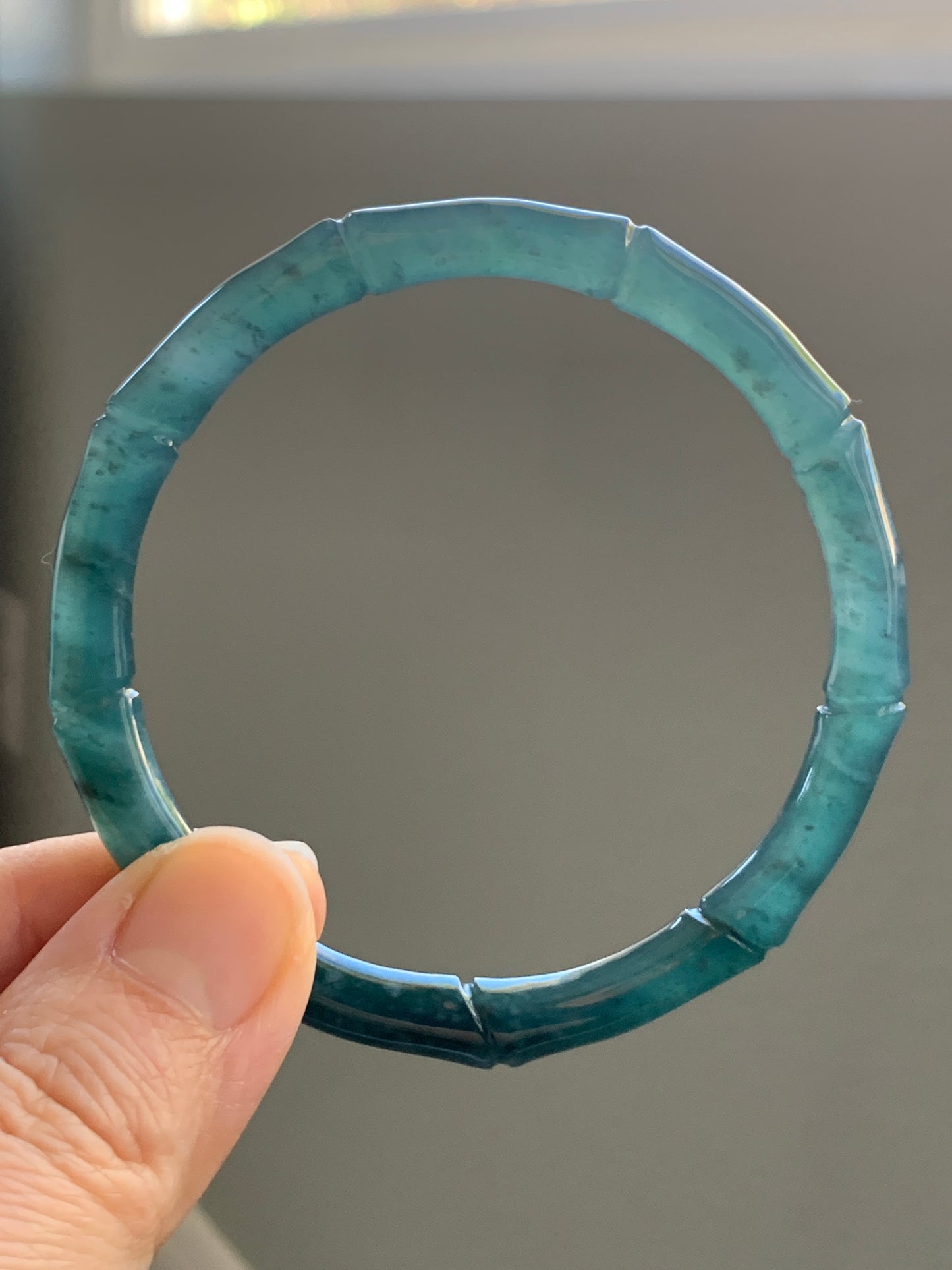 Natural Grade A Icy Translucent Gelatinous Dark Teal Green Jadeite Carved Bamboo Bangle Bracelet 57.2mm 7” 21g 天然冰危深篮绿翡翠竹节手镯 ZJ600-2