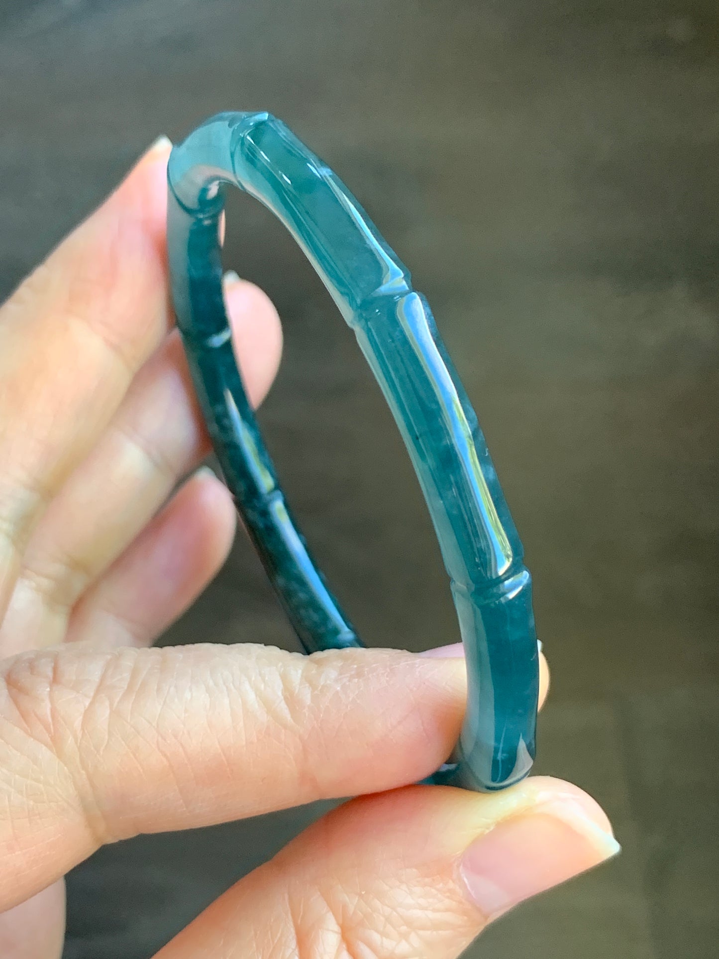 Natural Grade A Icy Translucent Gelatinous Dark Teal Green Jadeite Carved Bamboo Bangle Bracelet 57.2mm 7” 21g 天然冰危深篮绿翡翠竹节手镯 ZJ600-2