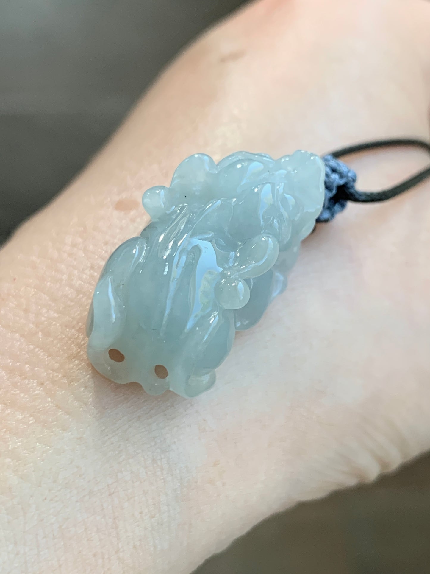 Natural Grade A Icy Translucent Gelatinous Pastel Dusty Blue Jadeite Pixiu Pendant Rope Bail with Black Cord Necklace 11g 天然冰胶淡蓝翡翠貔貅吊坠
