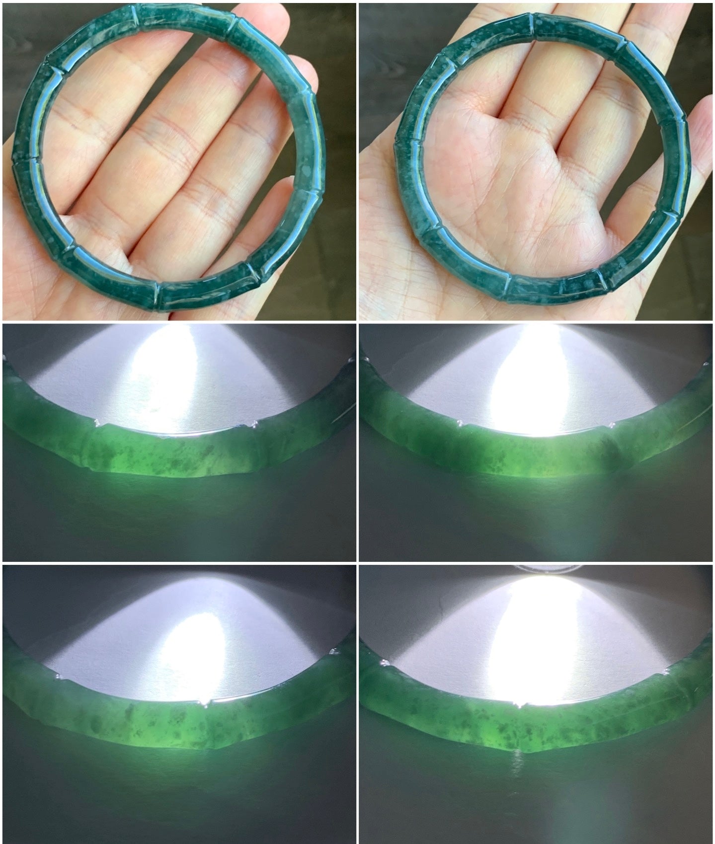 Certified Natural Grade A Icy Translucent Gelatinous Dark Teal Green Jadeite Carved Bamboo Bangle Bracelet 56.6mm 7” 20g 天然冰危深篮绿翡翠竹节手镯 7826