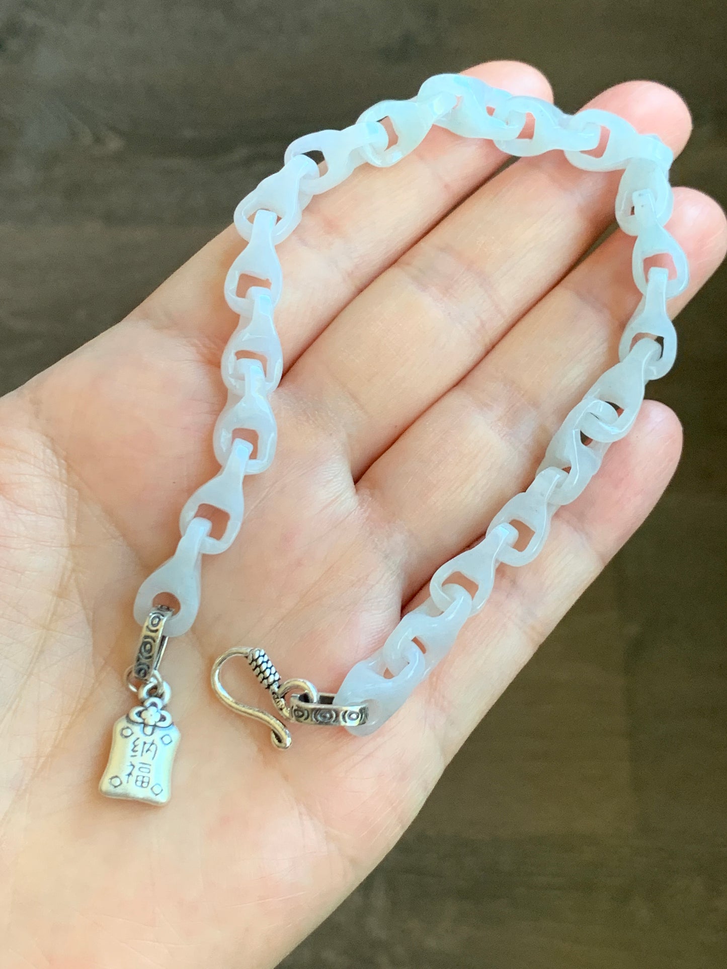 Natural Grade A Icy Translucent White Jade Jadeite Carved Interlocking Dragon Bone Chain Bracelet Sterling Silver Adjustable