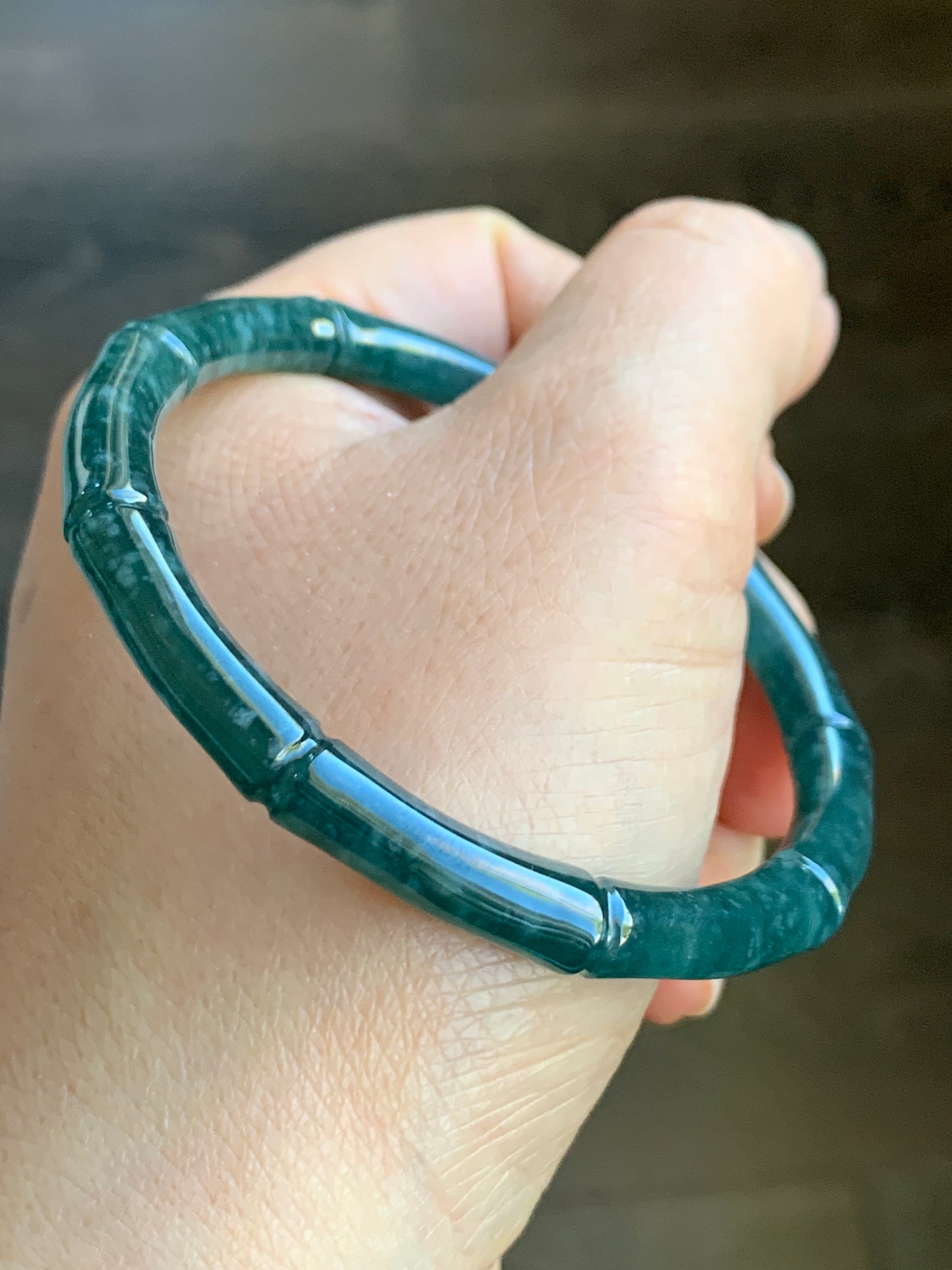 Certified Natural Grade A Icy Translucent Gelatinous Dark Teal Green Jadeite Carved Bamboo Bangle Bracelet 56.6mm 7” 20g 天然冰危深篮绿翡翠竹节手镯 7826