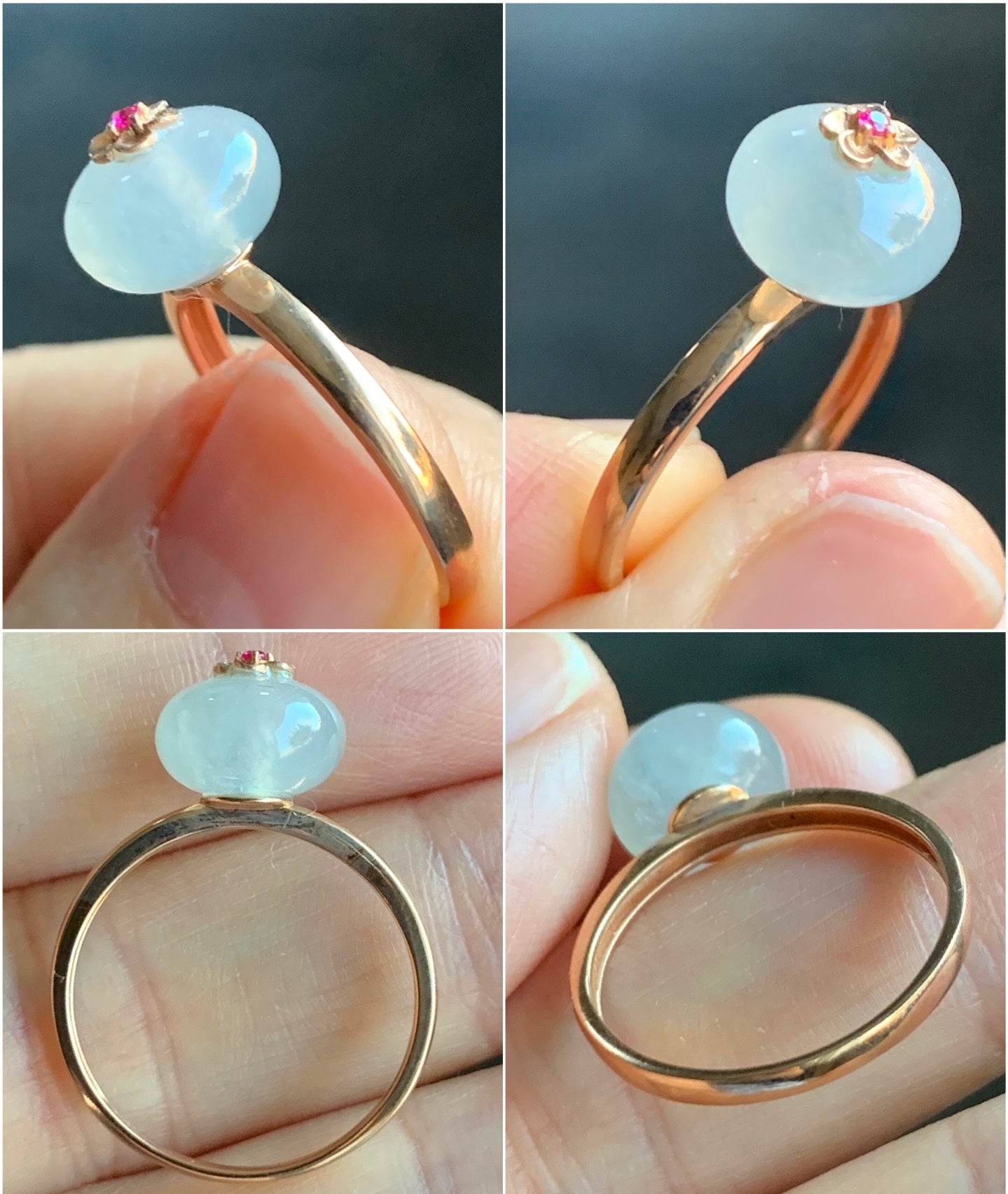 Certified Grade A Icy Highly Translucent Gelatinous White Jadeite Drum Bead Ring 18K Rose Gold & Ruby Sz 7 US 天然正白冰翡翠鼓珠红宝石K玫镶嵌戒指