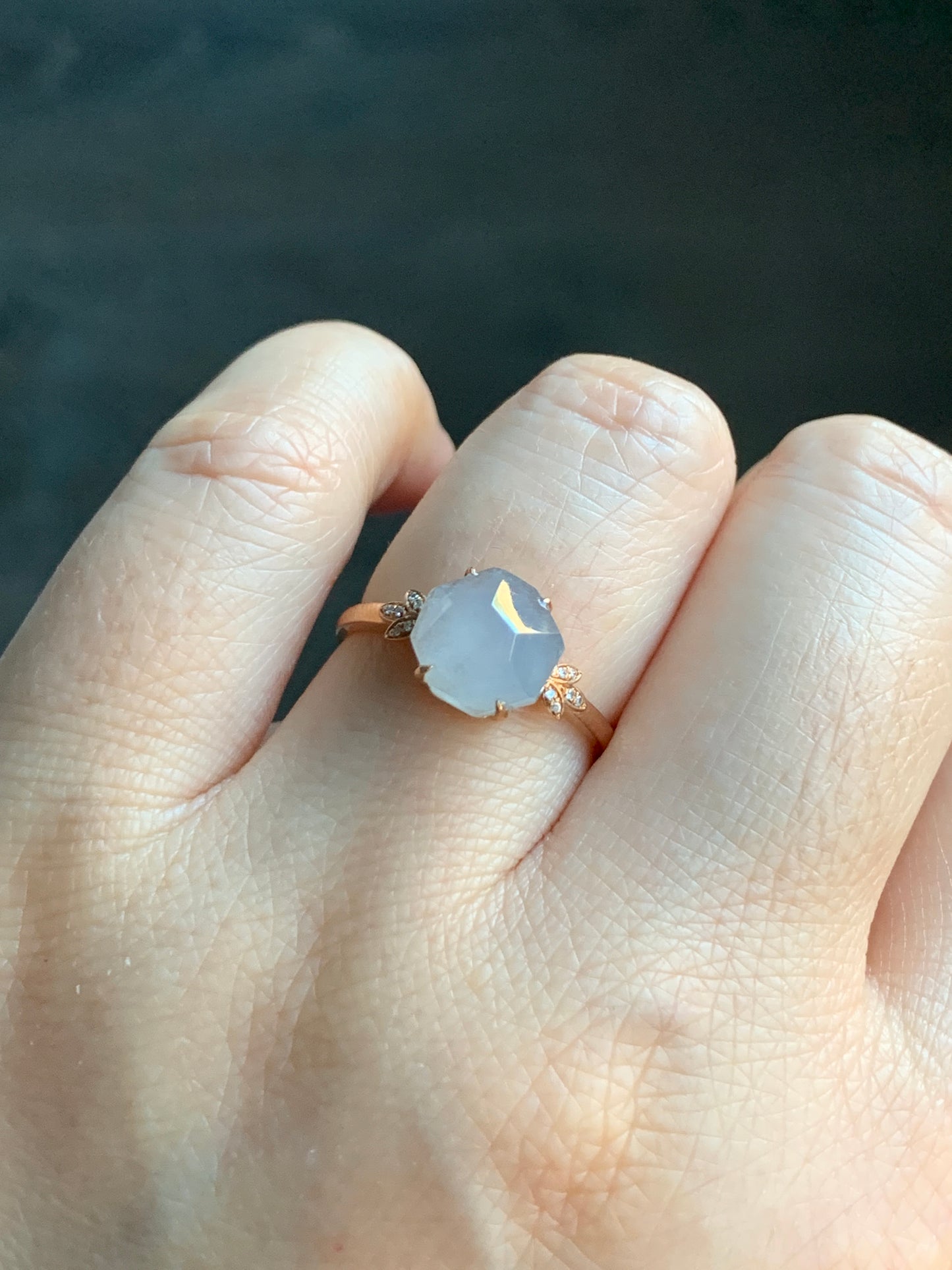 Certified Grade A Natural Icy Translucent Light Purple Jadeite Faceted Cabochon Ring 18K Rose Gold Diamonds Size 7 US 2.26g 天然冰紫翡翠切割面镶嵌钻石戒指