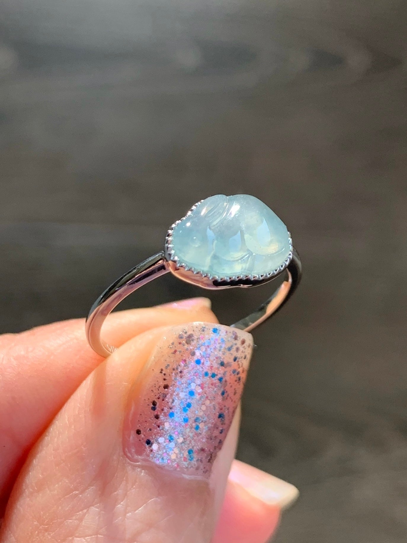 Certified Natural Grade A Guatemalan Icy Highly Translucent Pastel Blue Jade Jadeite Rabbit Ring 18K White Gold Size 7 天然冰危淡蓝翡翠小兔镶嵌戒指 1090
