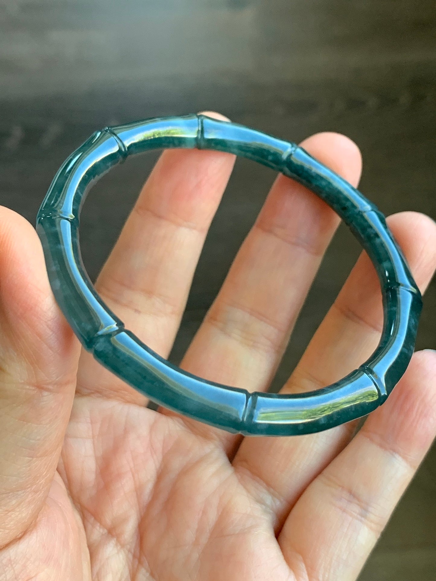 Natural Grade A Icy Translucent Gelatinous Dark Teal Green Jadeite Carved Bamboo Bangle Bracelet 56.7mm 7” 19g 天然冰危深篮绿翡翠竹节手镯 ZJ600-3