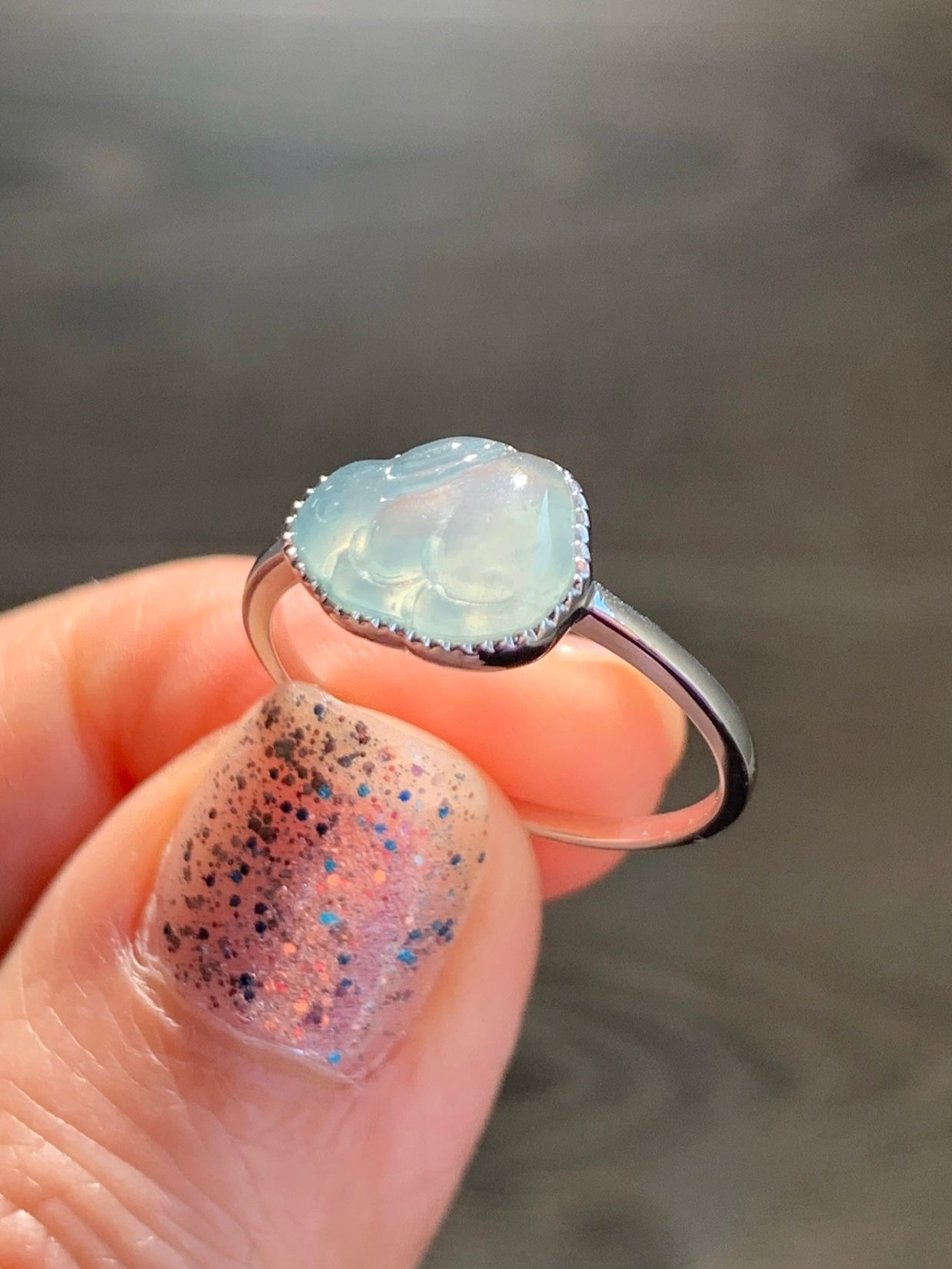 Certified Natural Grade A Guatemalan Icy Highly Translucent Pastel Blue Jade Jadeite Rabbit Ring 18K White Gold Size 7 天然冰危淡蓝翡翠小兔镶嵌戒指 1090