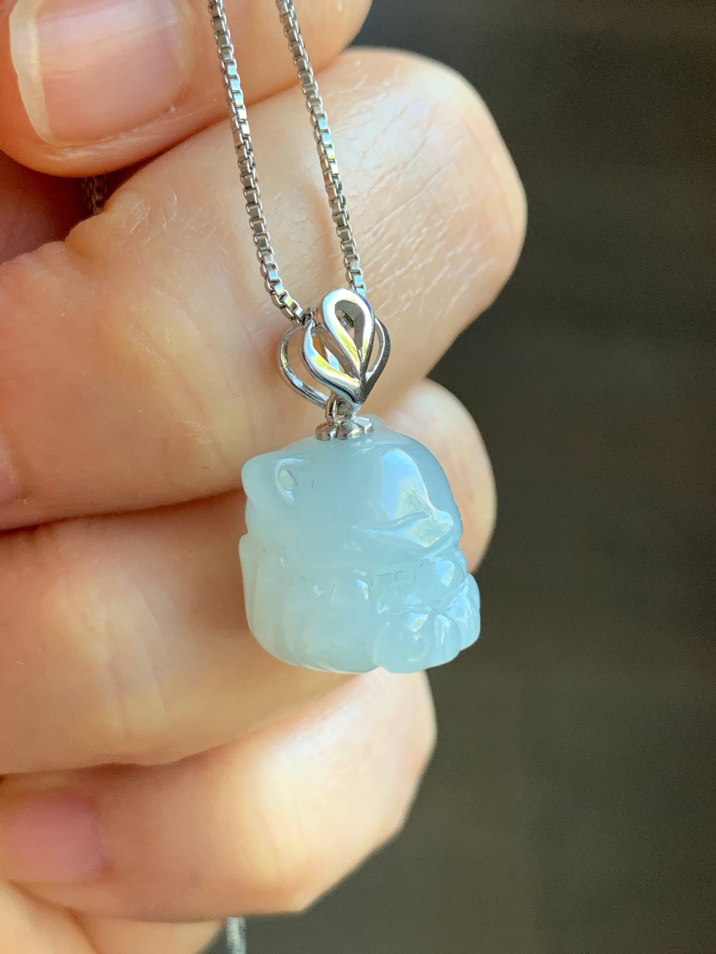 Certified Grade A Natural Icy Translucent & Gelatinous White Jadeite 3D Carved Nine-Tailed Fox Pendant 18K White Gold 天然白冰起胶翡翠九尾狐狸镶嵌吊坠 6757