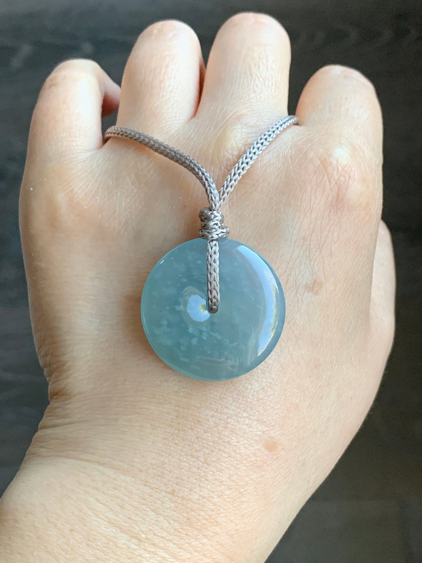 Certified Natural Icy Highly Translucent Premium Light Blue Jadeite Ping An Kou Donut Pendant Rope Necklace Adjustable 26” 天然冰危淡蓝起胶起光翡翠平安扣吊坠 7831