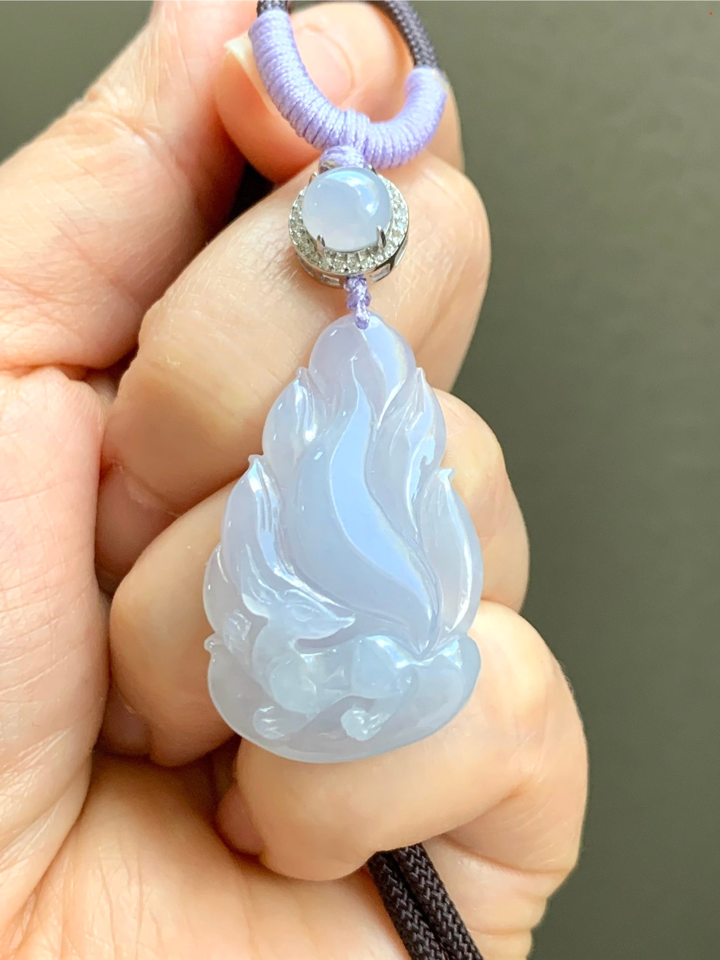 Certified Natural Icy Translucent Gelatinous Soft Purple Jadeite Carved Nine-Tailed Fox Pendant Rope Necklace 26" 天然冰胶淡紫翡翠九尾狐吊坠 3270
