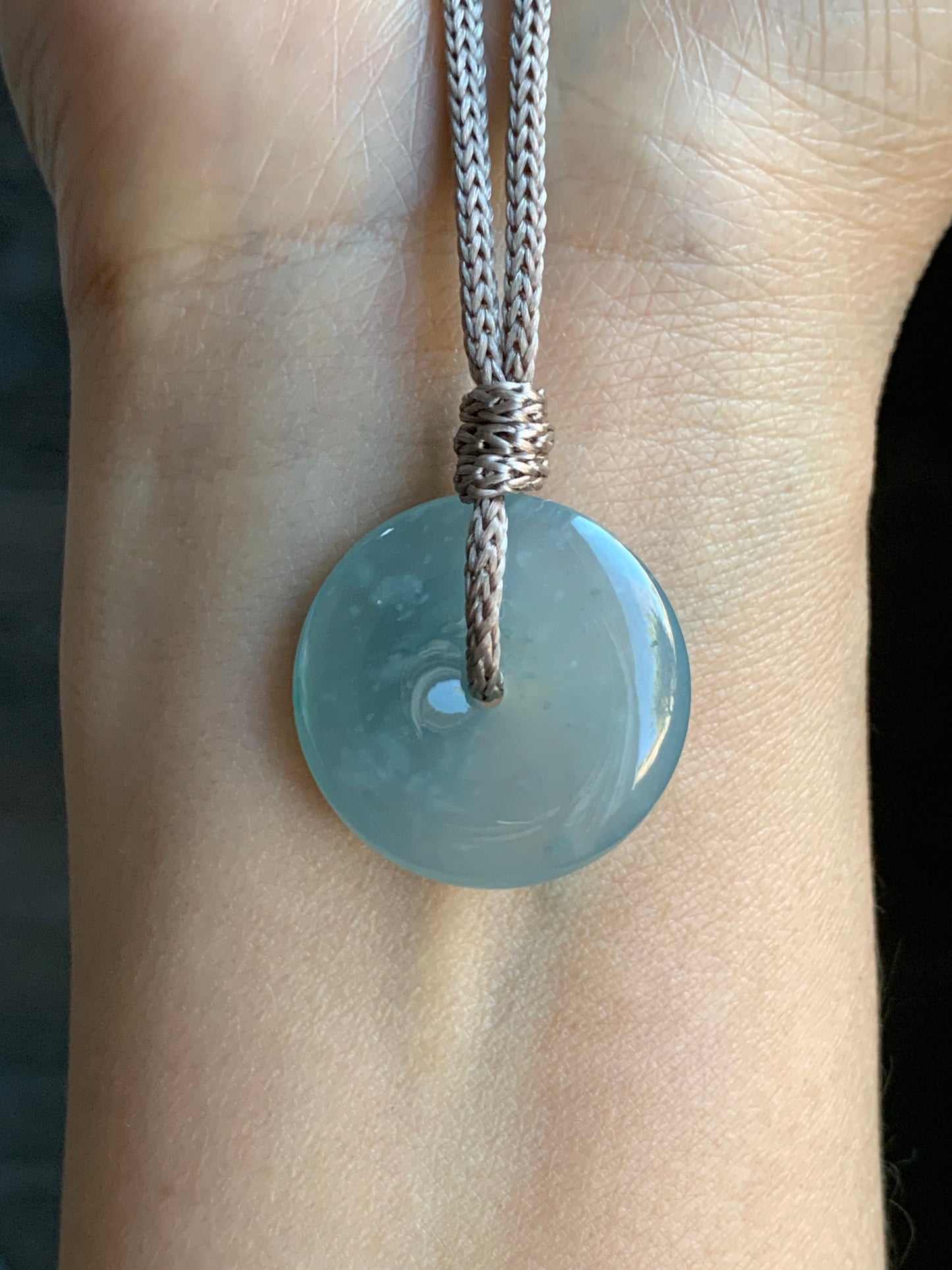 Certified Natural Icy Highly Translucent Premium Light Blue Jadeite Ping An Kou Donut Pendant Rope Necklace Adjustable 24” 天然冰危淡蓝起胶起光翡翠平安扣吊坠 7832